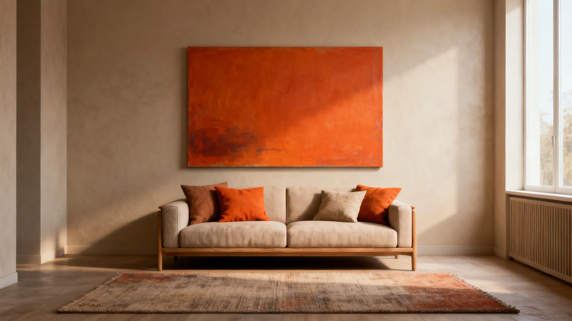 Small sofa anchored by a single oversized canvas that unifies the room with a focal color.