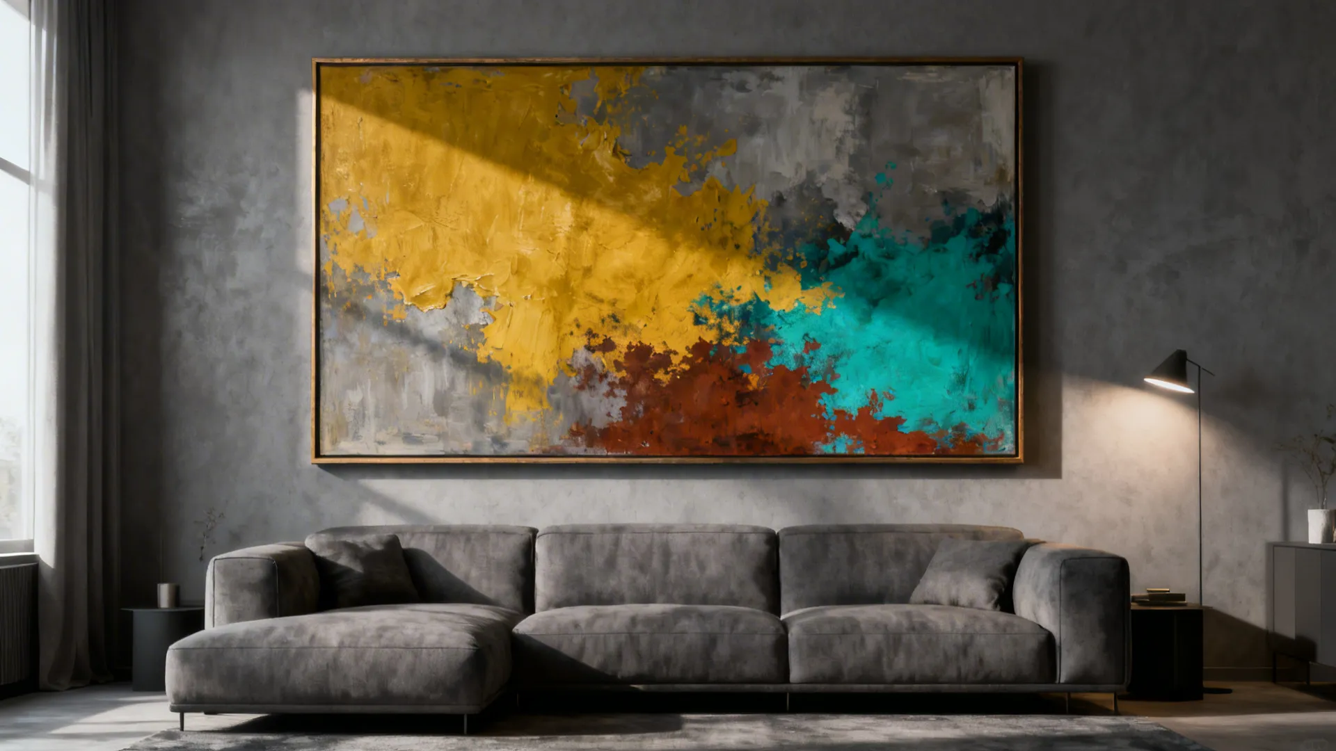Grey living room with one oversized painting featuring mustard and teal accents