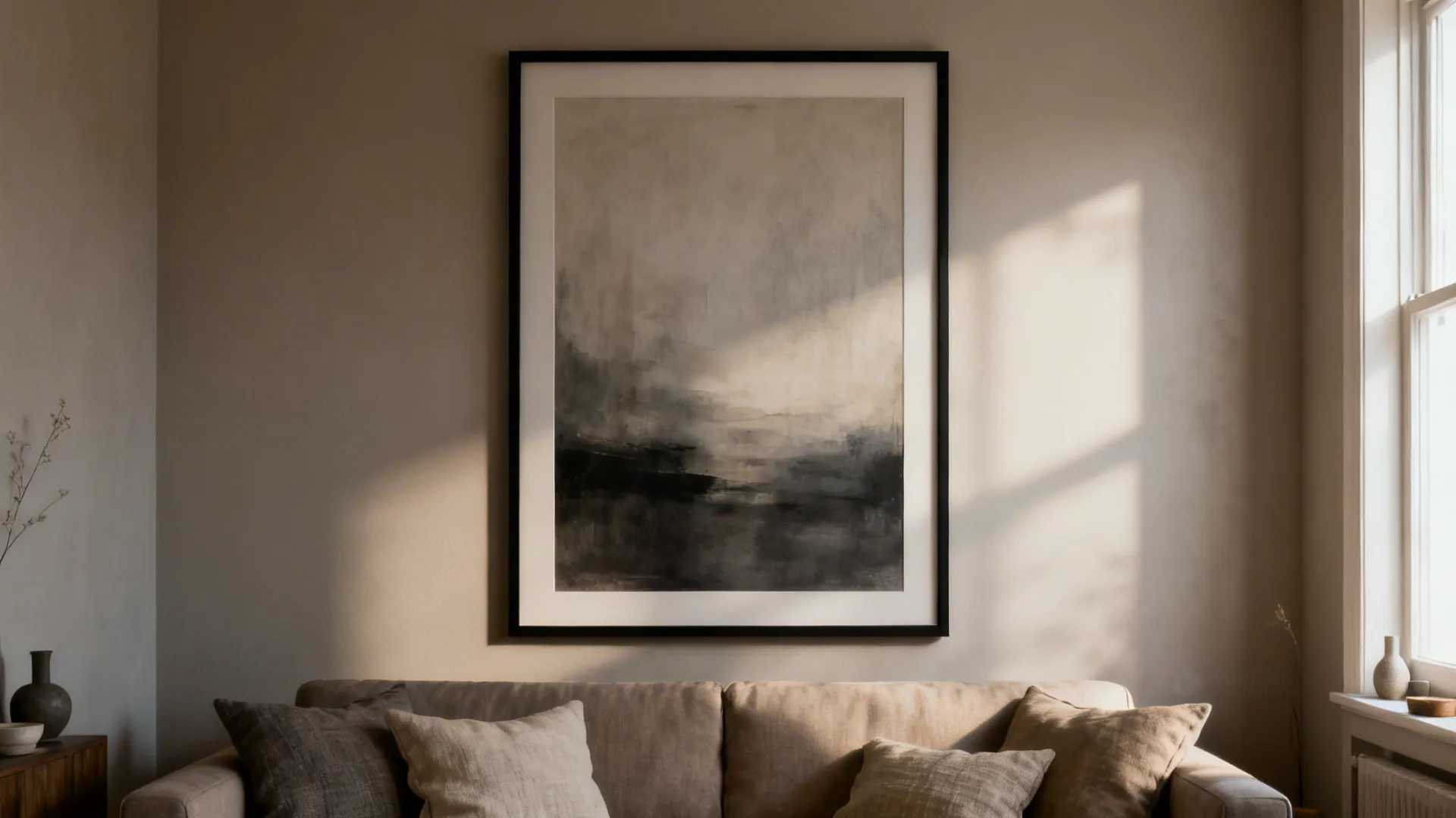 Large framed abstract art centered above a sofa in a compact living room with calm walls.