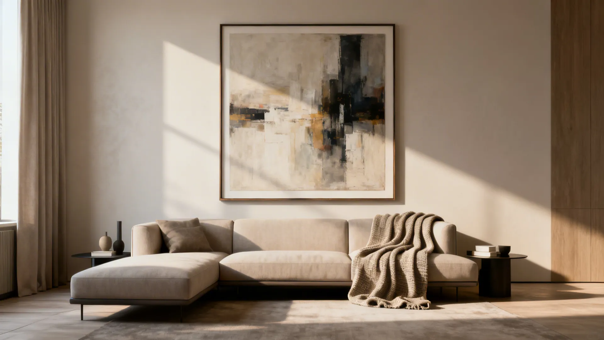 Large abstract wall painting hanging above a beige sofa in a bright room with sunlight