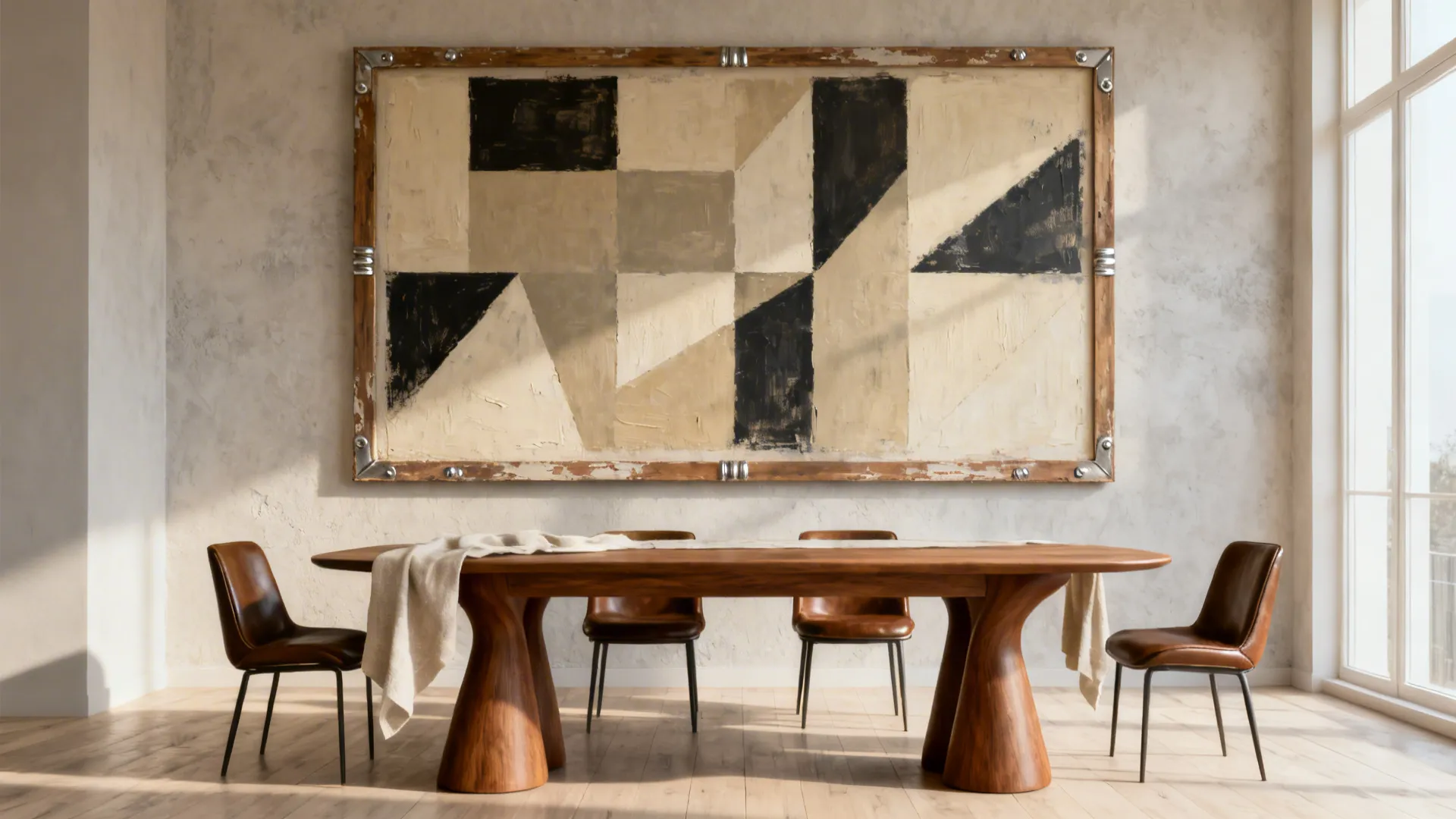 Modern dining room with an oversized abstract art panel centered above the table.