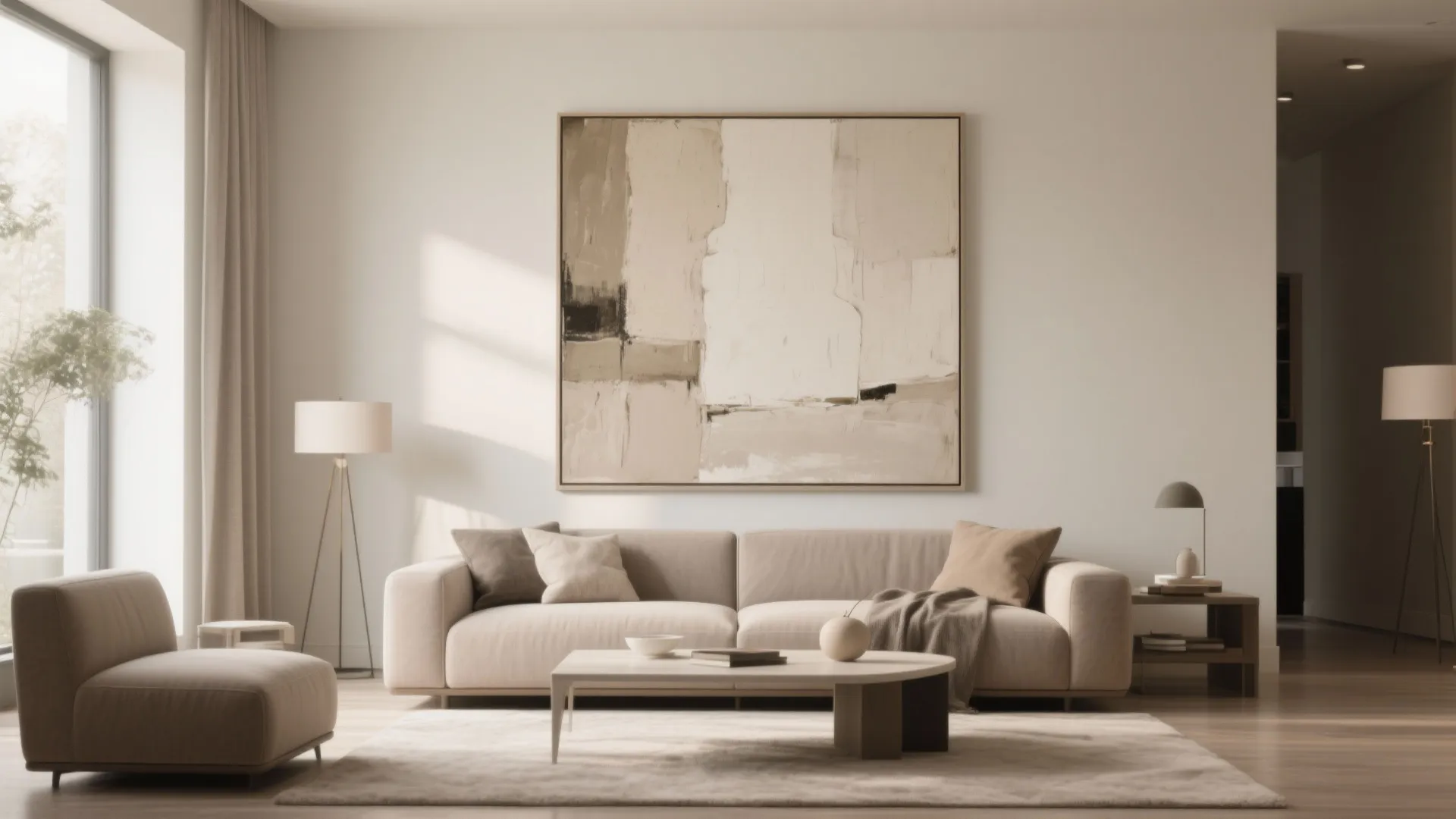 Minimalist living room design featuring a neutral sofa oversized abstract wall painting and wooden coffee table