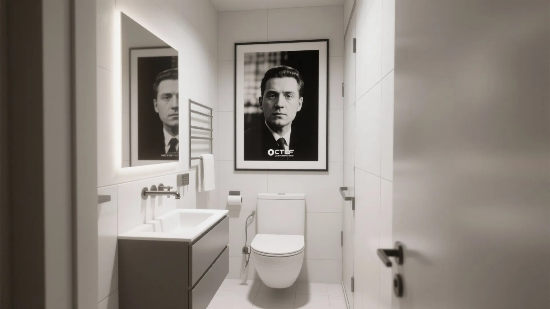 Small bathroom with oversized black-and-white photograph