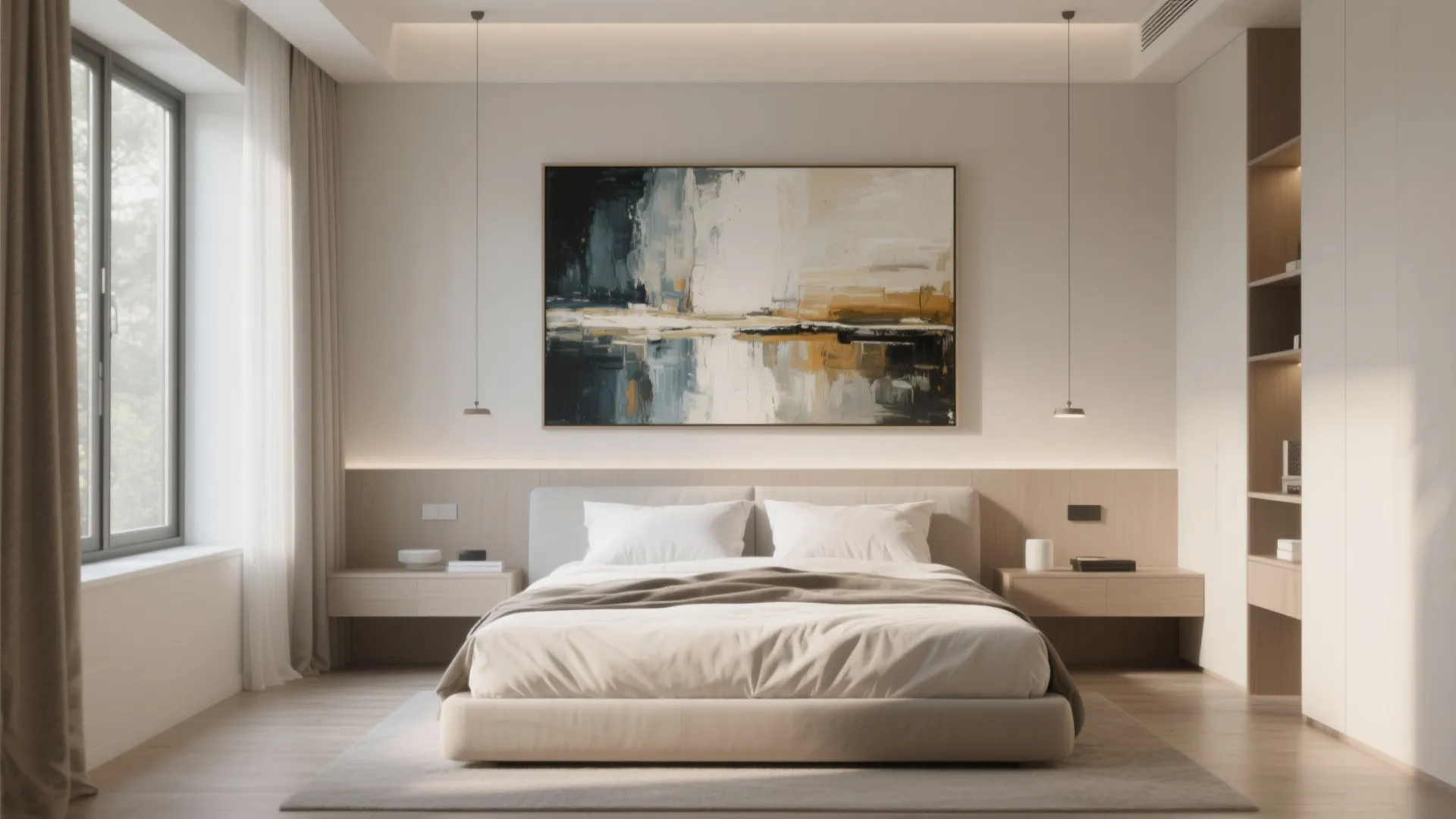 Modern bedroom with a large abstract painting above the bed and warm wall light fixtures