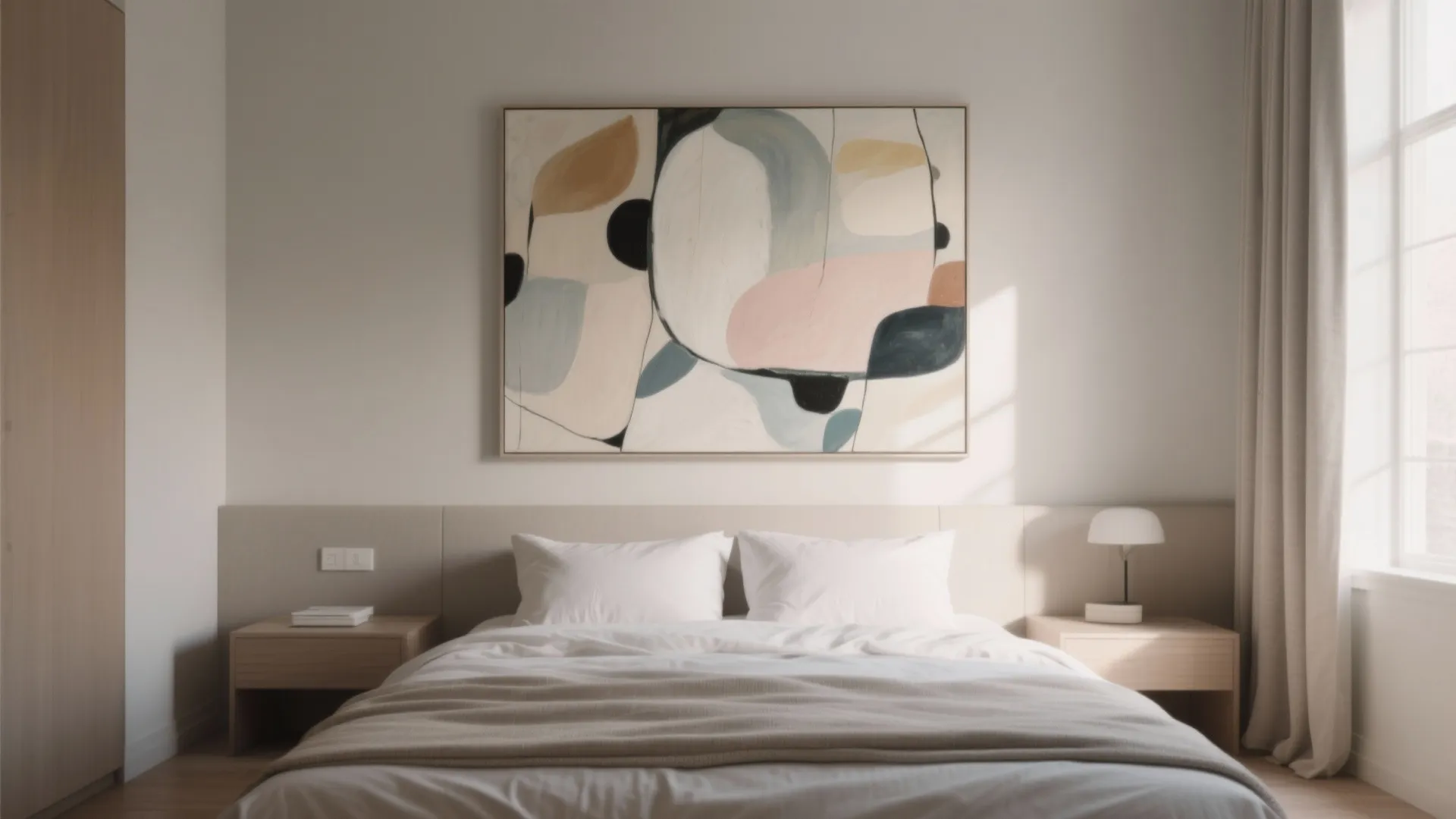 Large abstract artwork centered above a bed in a modern bedroom