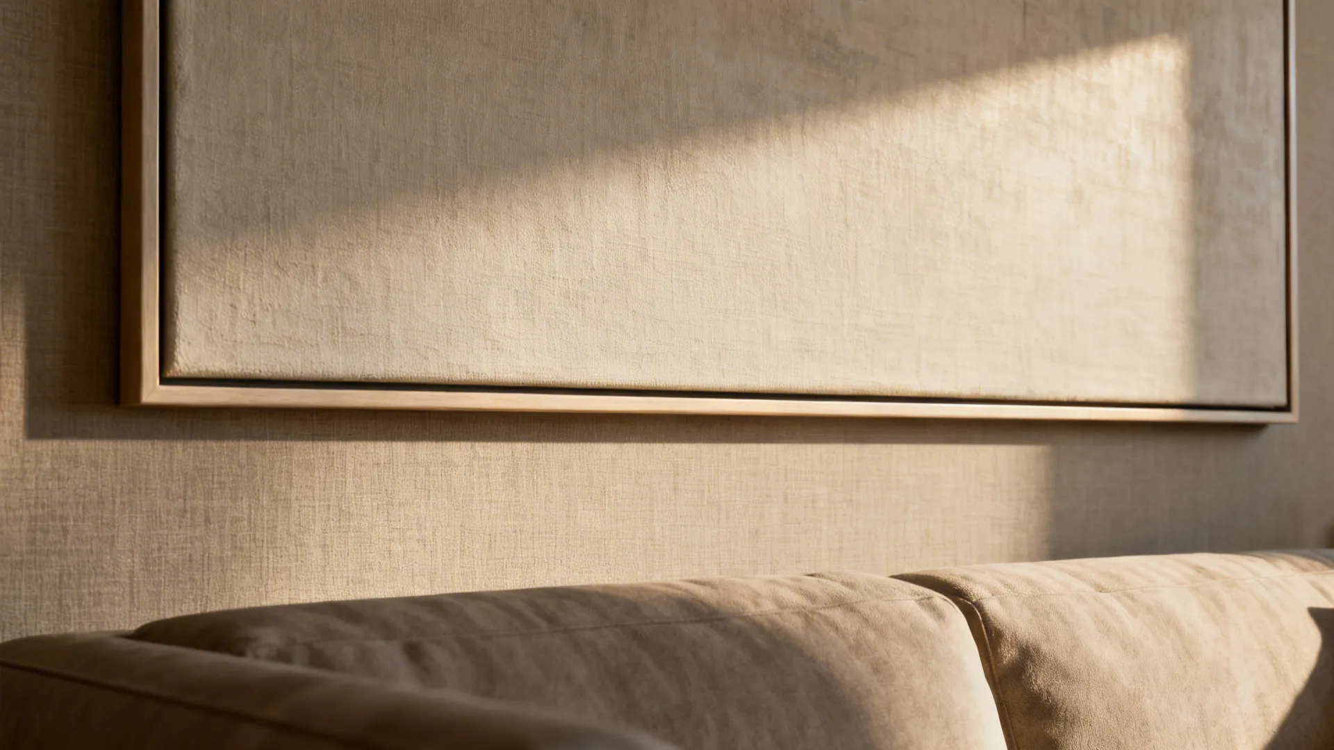 Close-up of a large framed art piece above a sofa showing frame and canvas texture