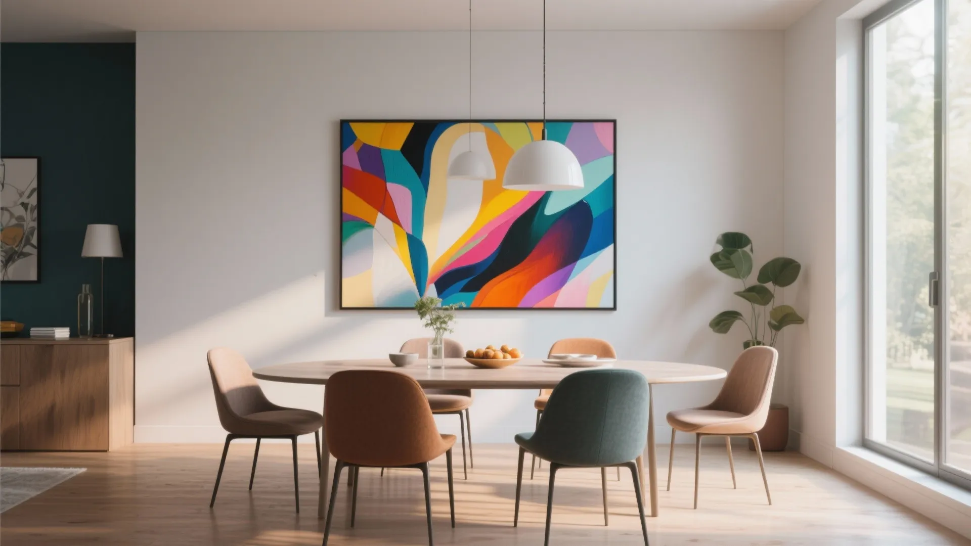Modern dining room with colorful wall art white ceiling lights wooden table and green chairs