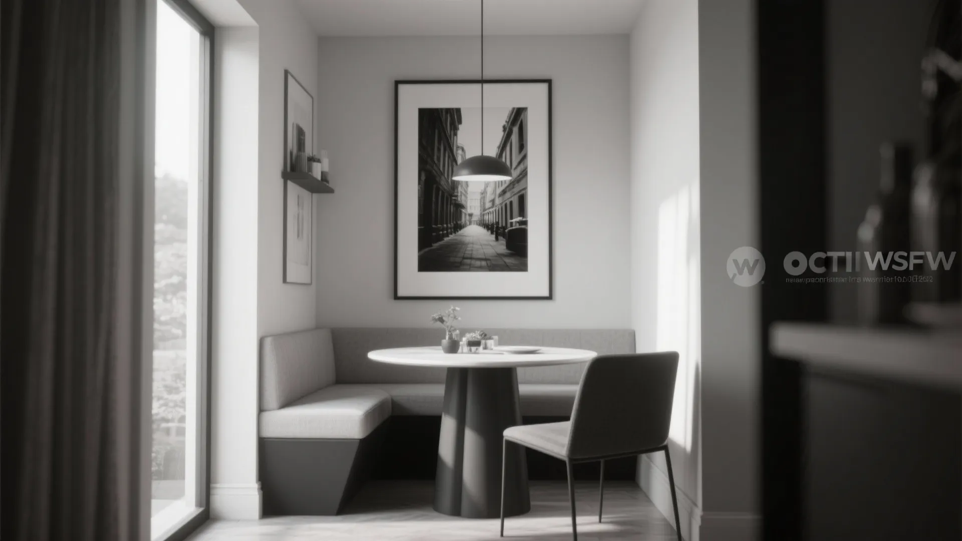 Modern dining nook with grey bench seating round white table black ceiling light and framed artwork