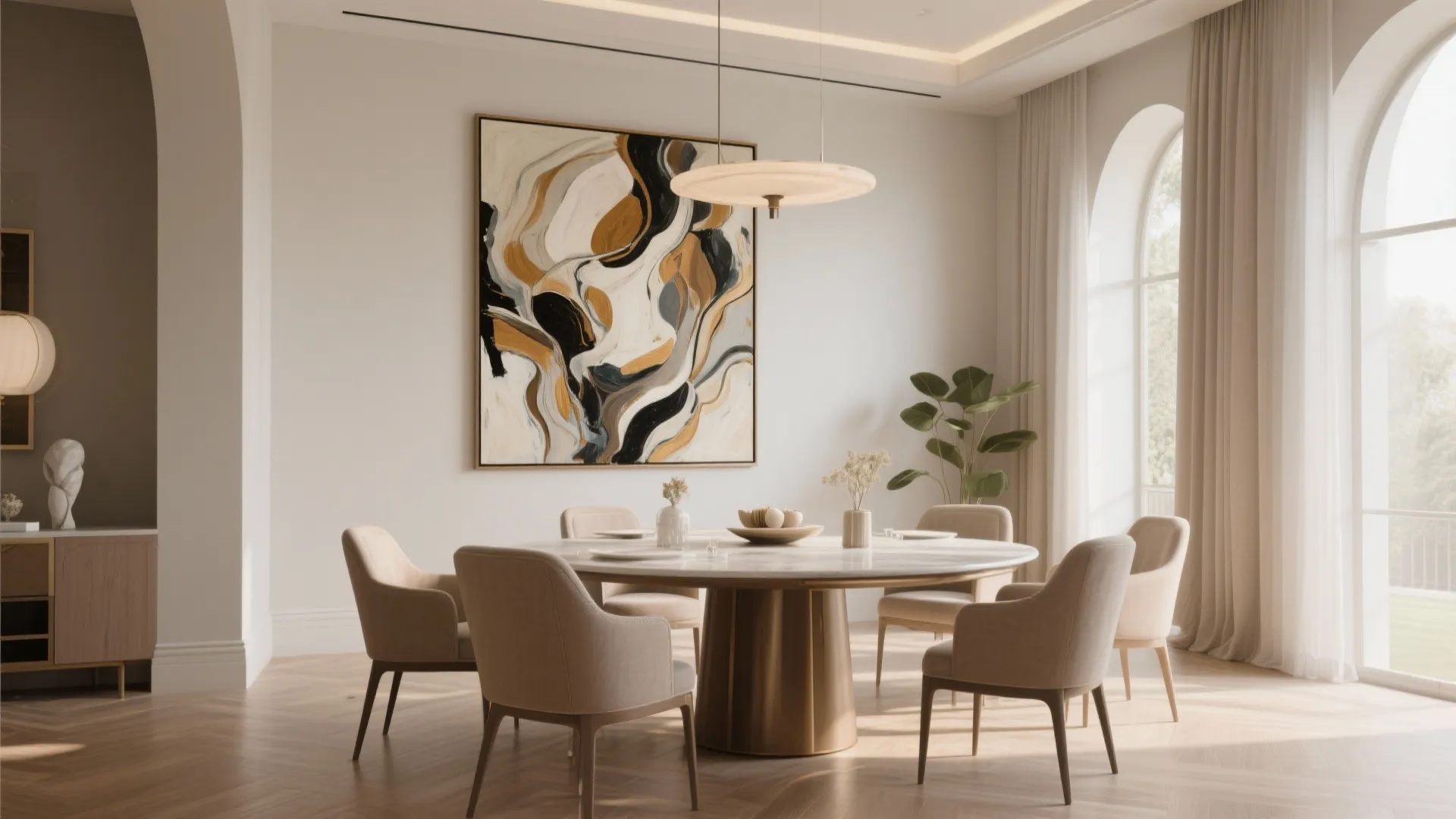 Elegant dining room with abstract wall art round table beige chairs and bright arched windows