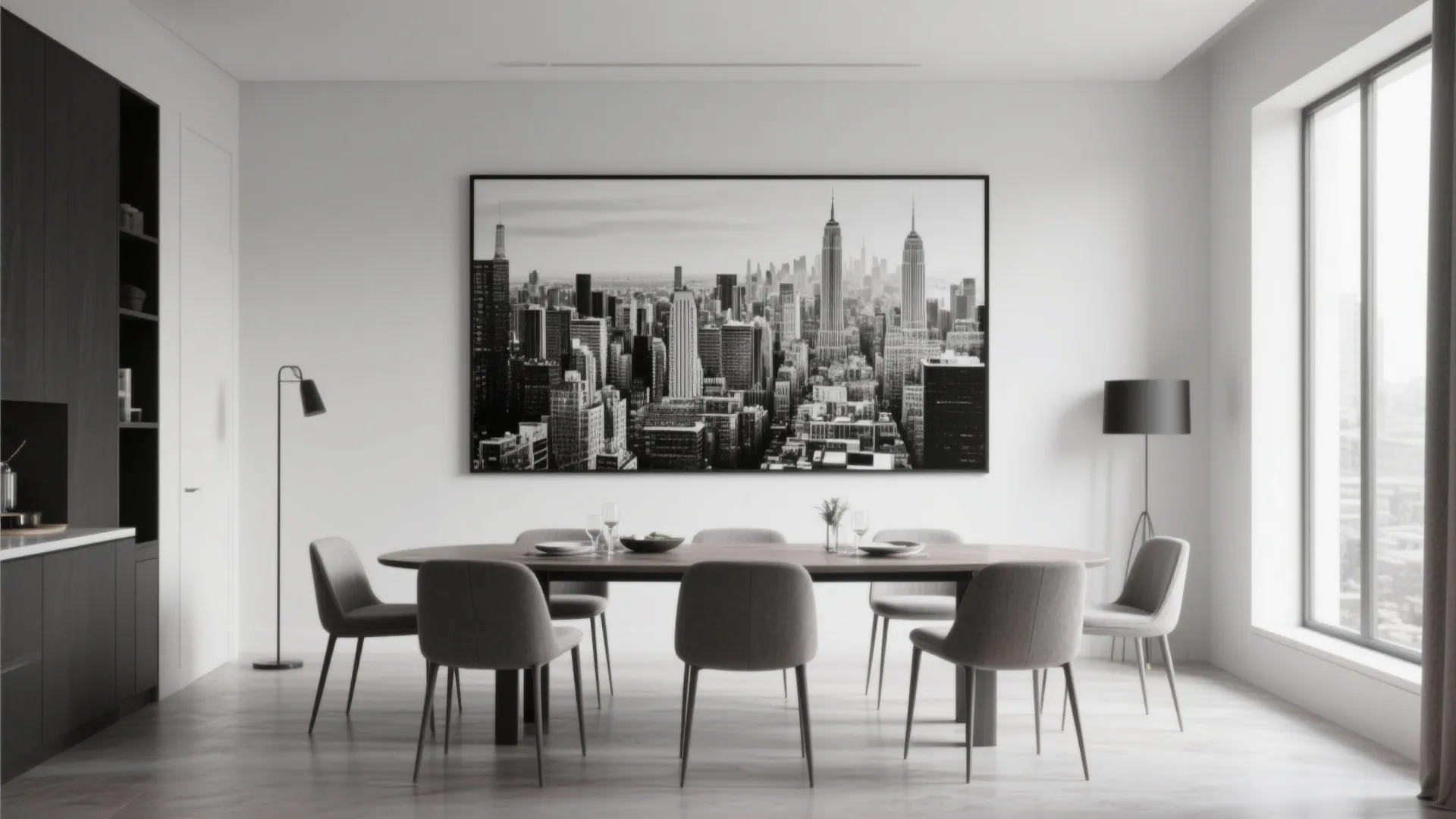 Large black and white city skyline wall art in a modern dining room with gray chairs