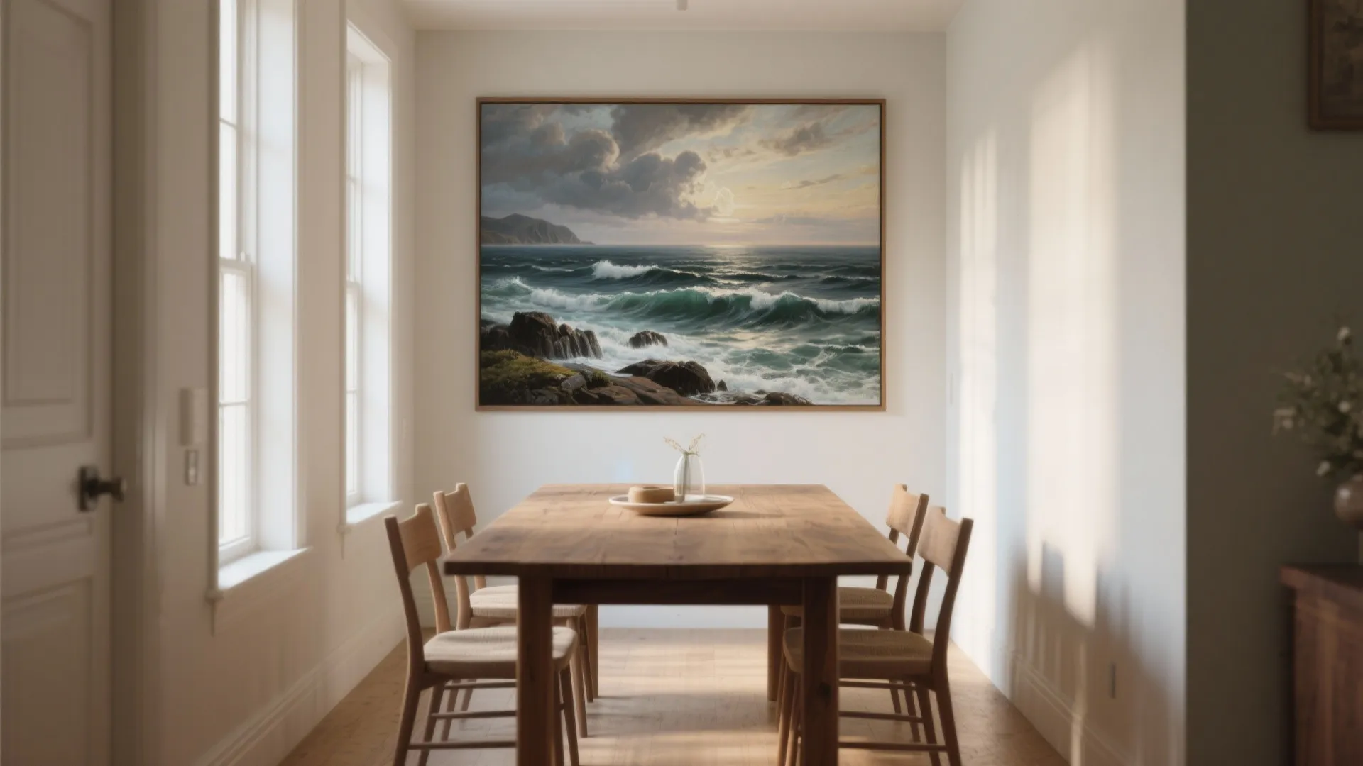Minimalist dining room featuring wooden table, four chairs, large ocean wave painting, and bright white windows