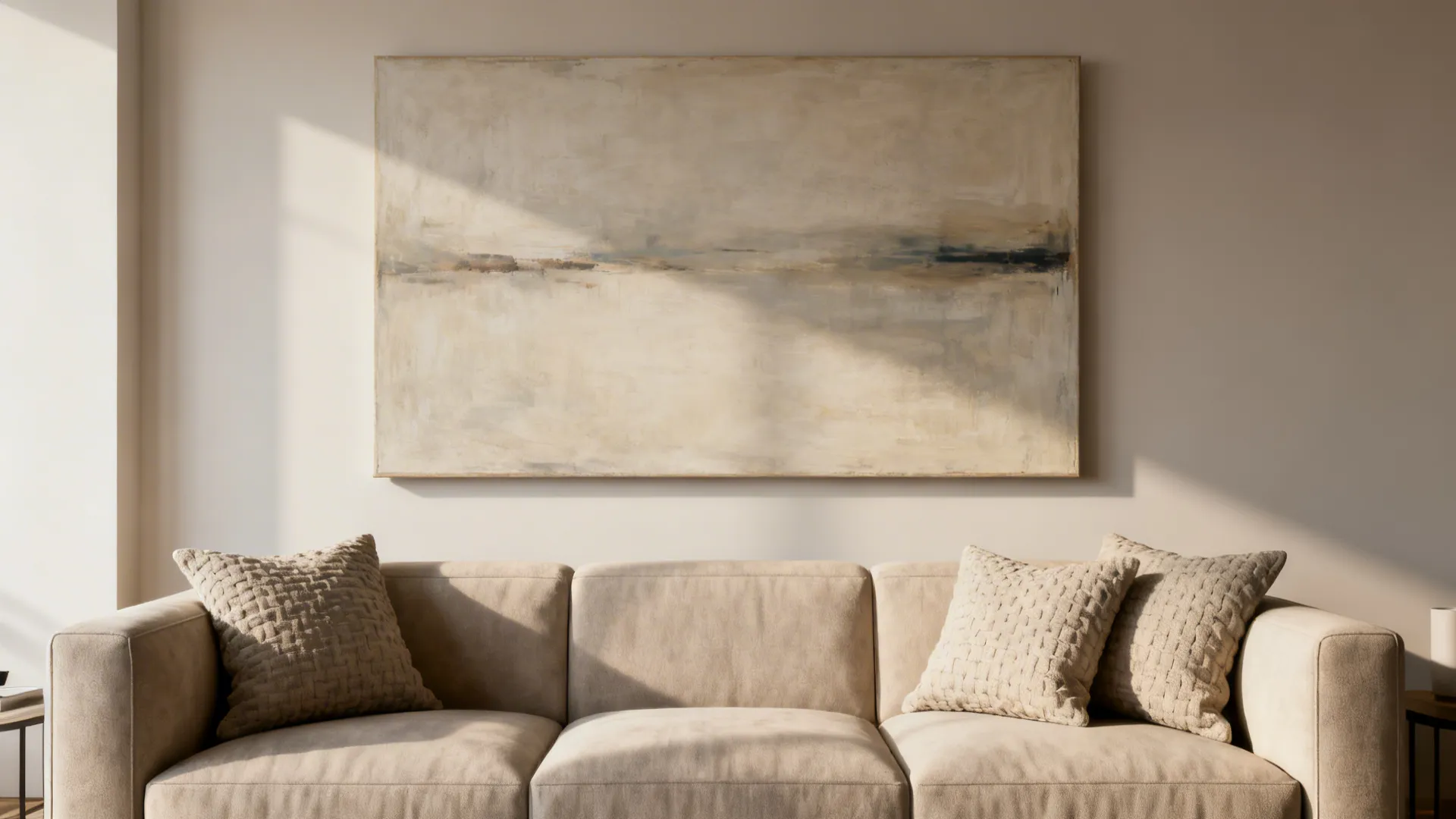 Living room with an oversized canvas centered above the sofa to create a strong focal point.