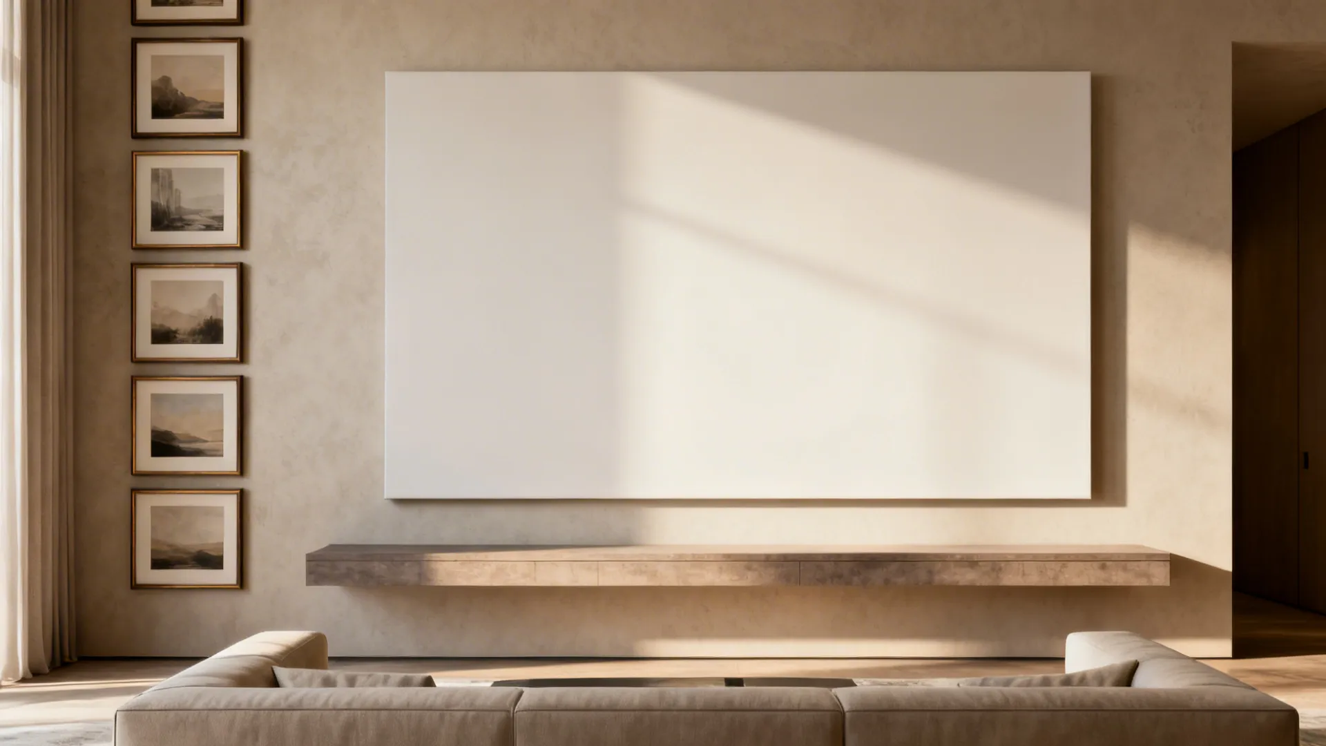 Tall living room wall with oversized canvas above a low console and a vertical gallery arrangement.
