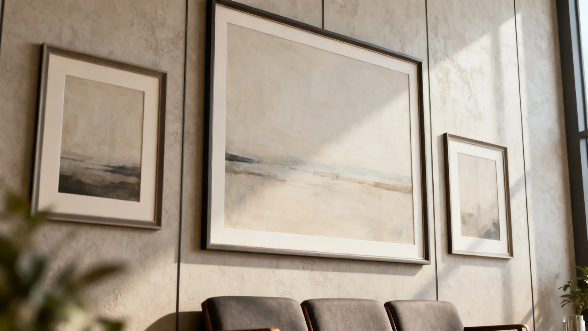 Close view of an oversized art grouping above a sofa, showing scale and framing.