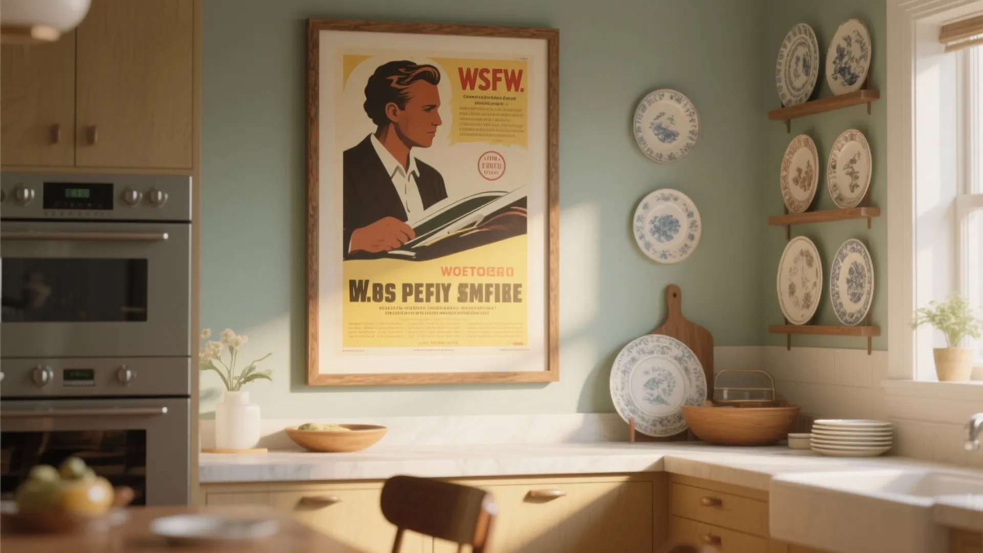 Green kitchen with large vintage poster and decorative plates on wooden shelves near modern oven