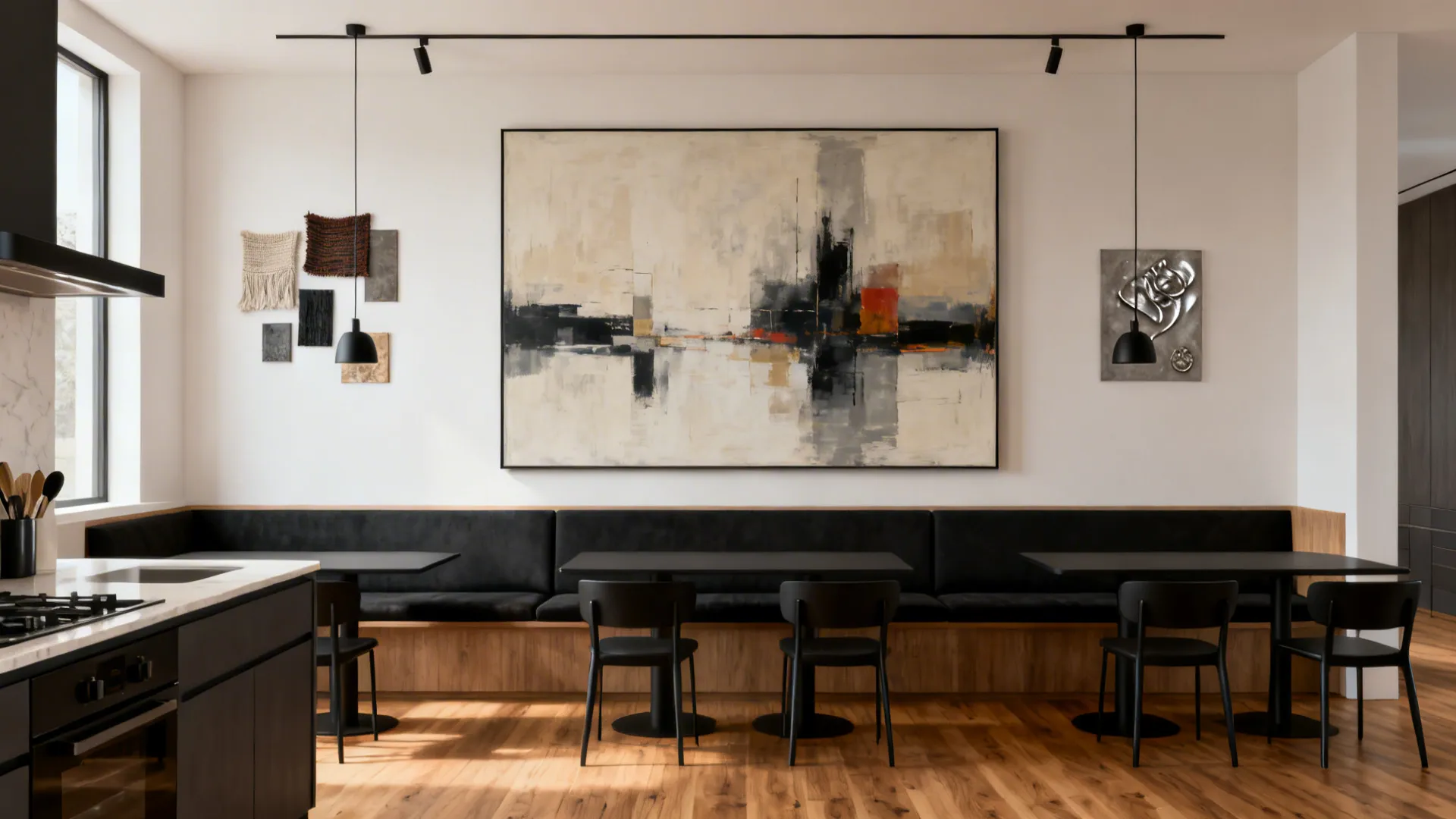 Oversized abstract canvas above a kitchen banquette with mixed media accents nearby.