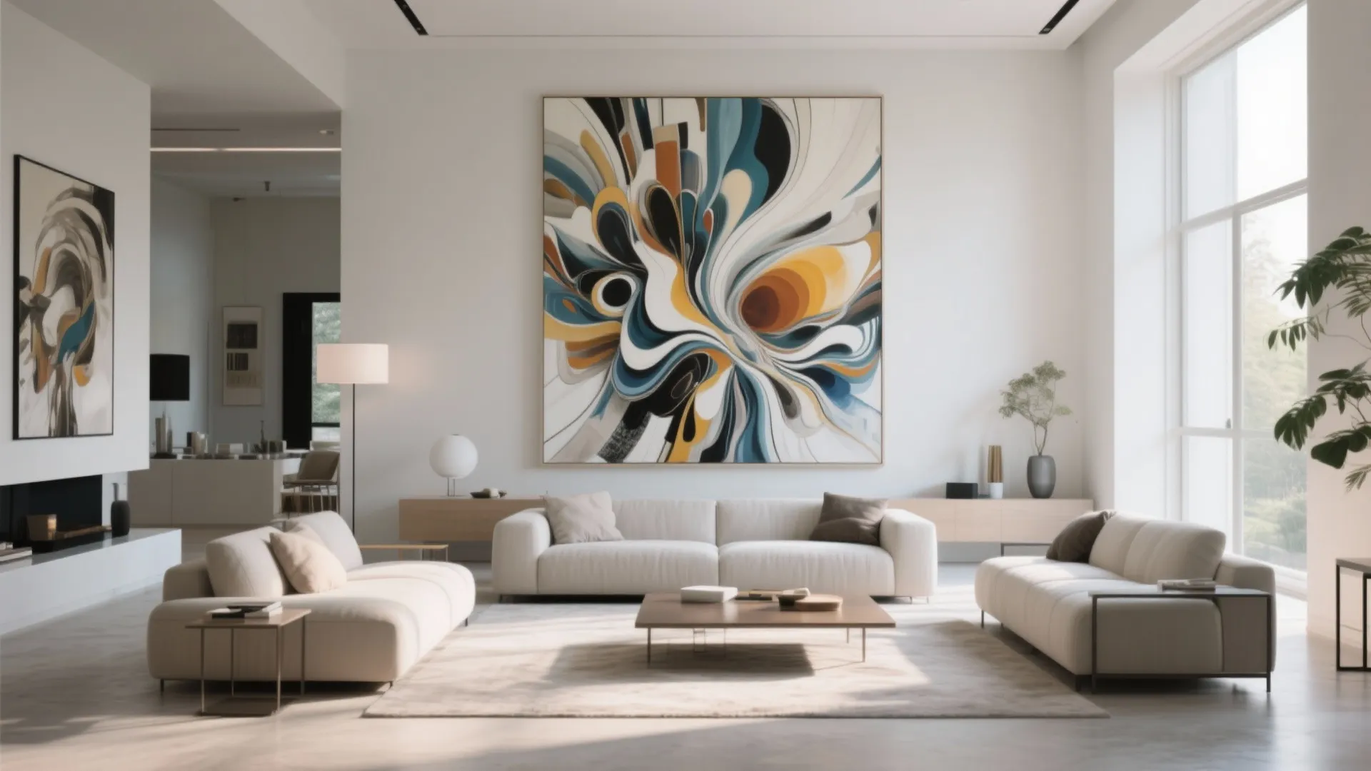 Living room with a massive abstract statement artwork