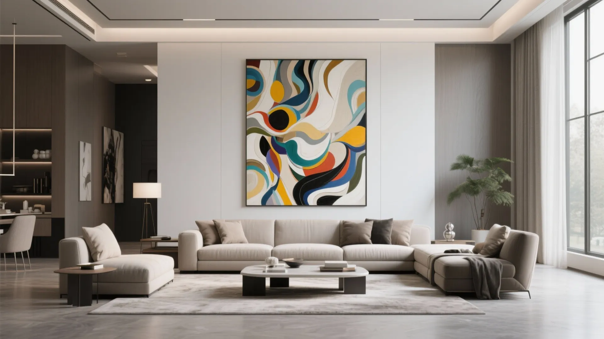 Modern living room with large abstract wall art, cream sectional sofa, low coffee table, greenery