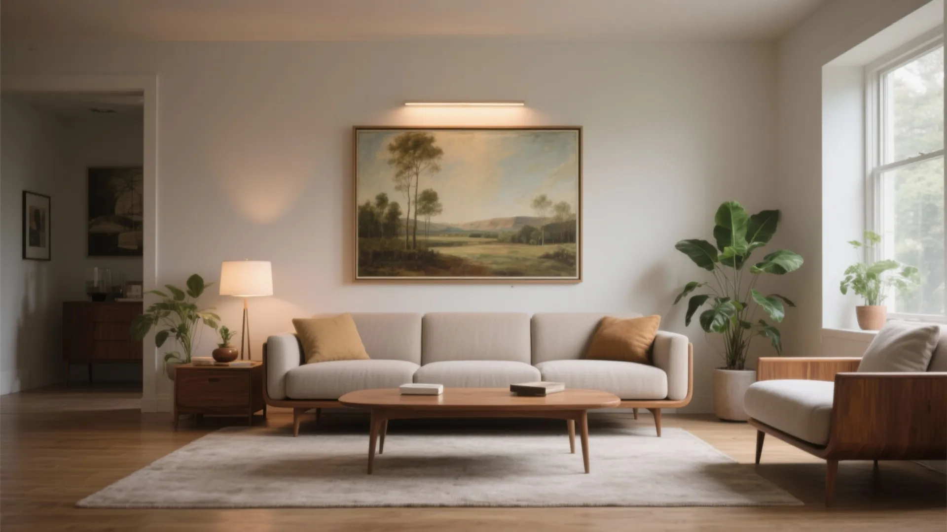 Modern living room with beige sofa wooden coffee table large landscape painting and wall light