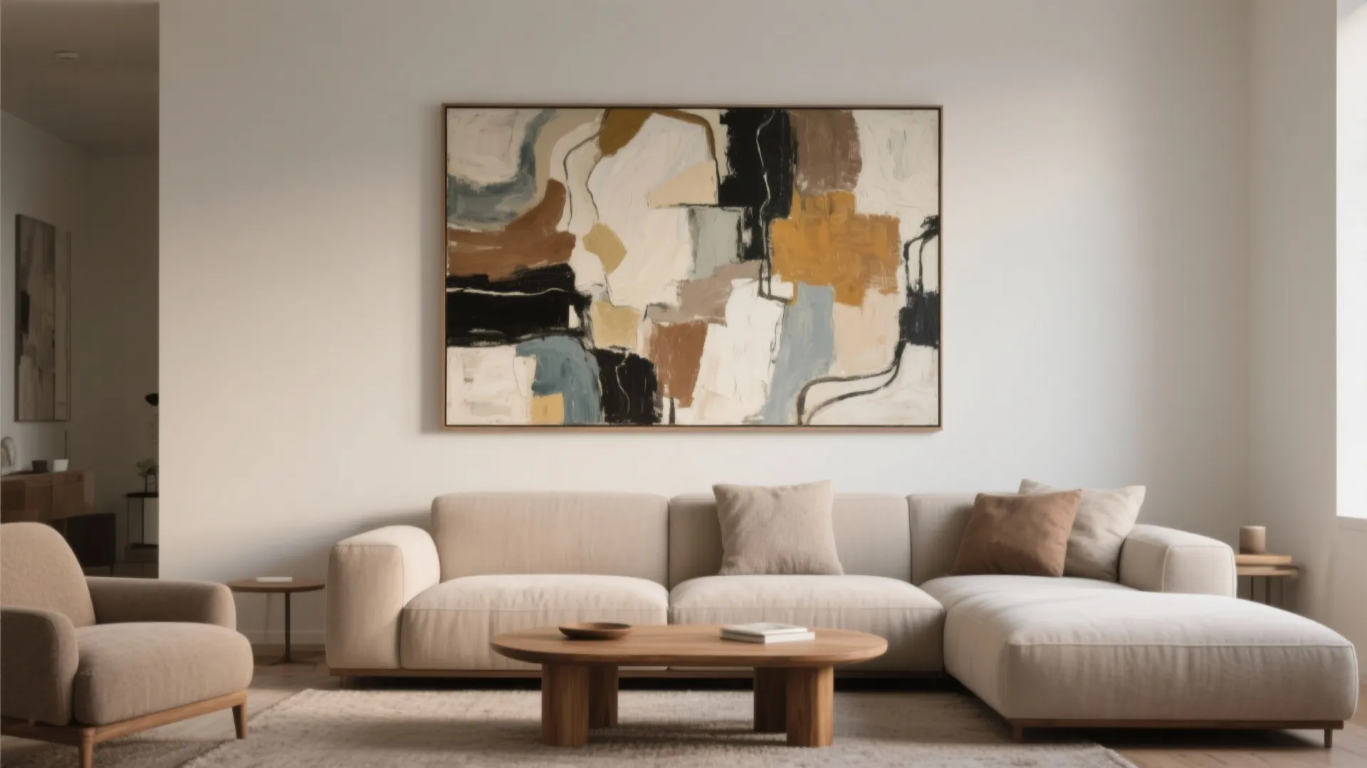 Oversized abstract art displayed above a modern sofa in a cozy living room