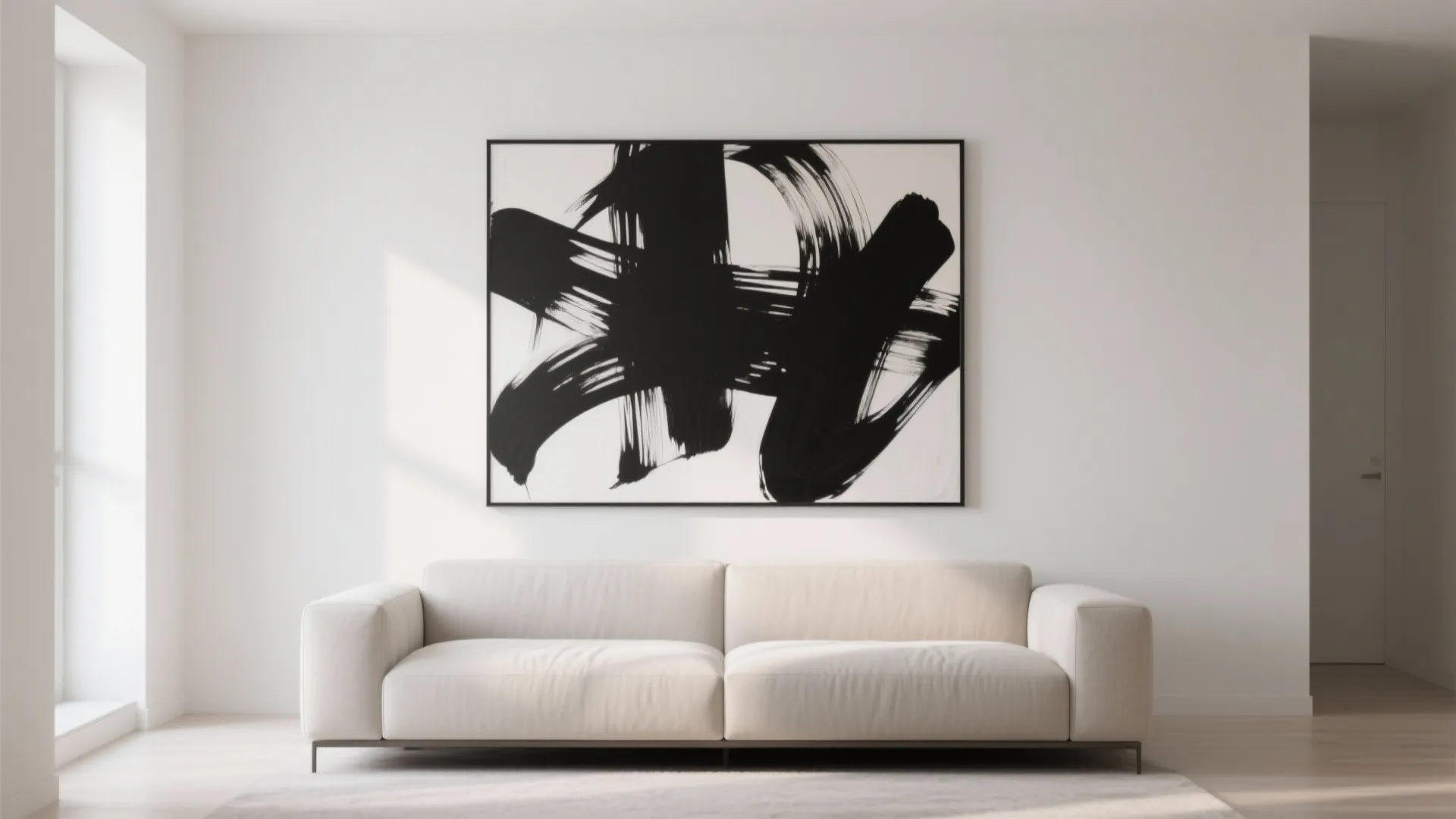 Minimalist living room with a large black and white abstract painting above a white sofa