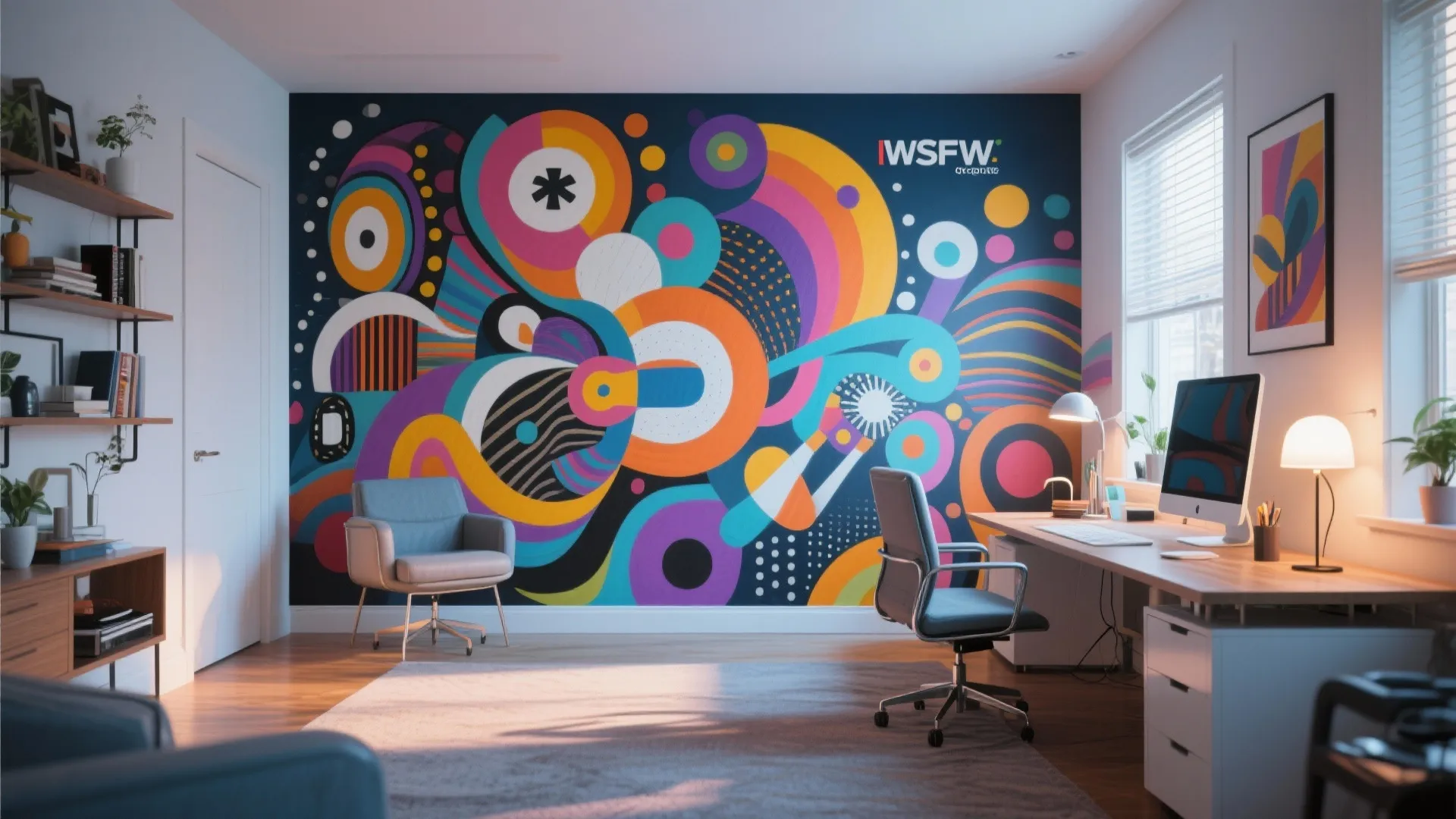 Home office featuring oversized art mural as a statement wall