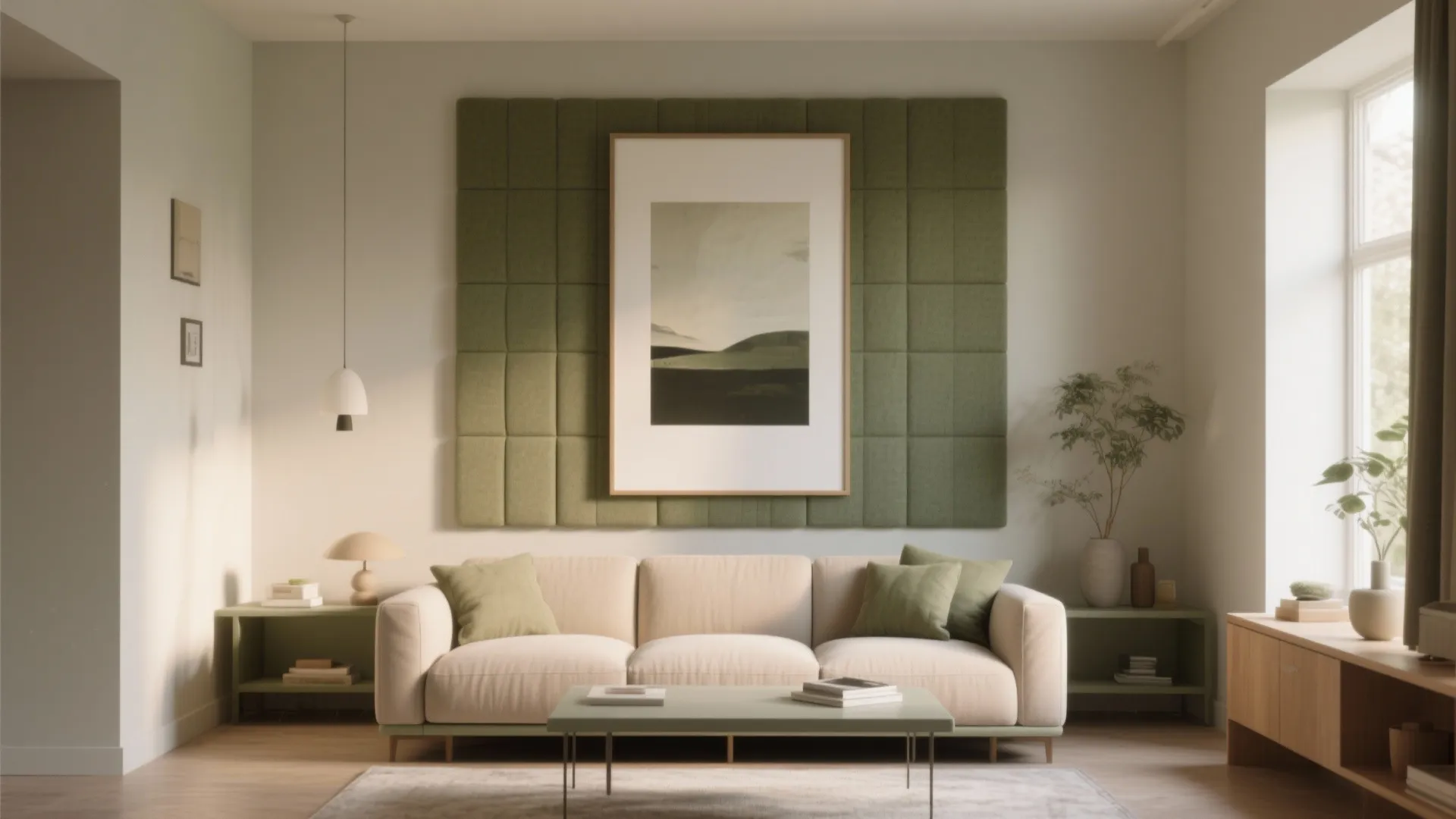 Minimalist living room with large framed art on green wall panel above a cream sofa