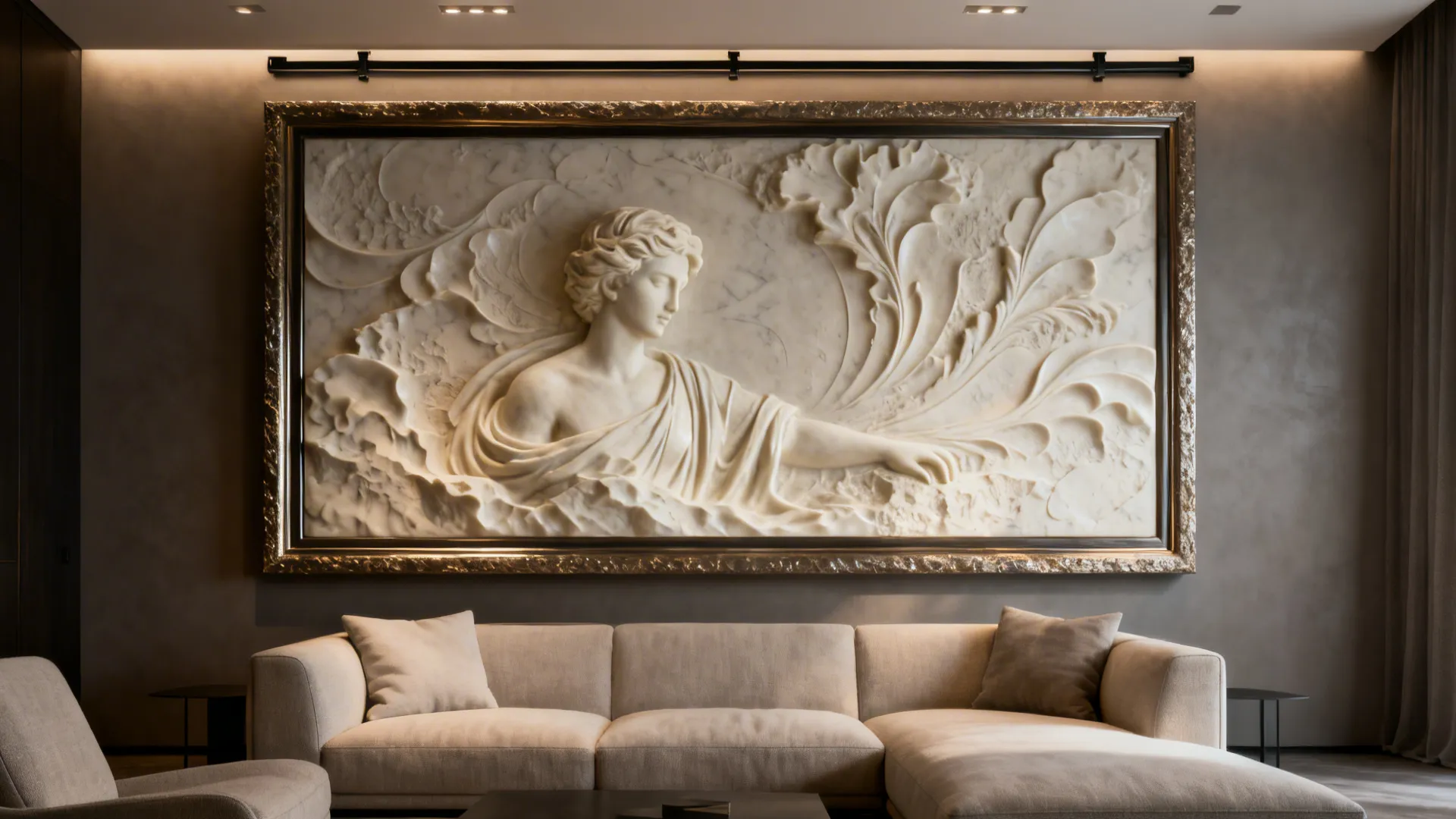 Living room with a single oversized sculptural art panel mounted above the sofa, minimalist furnishings and soft lighting.