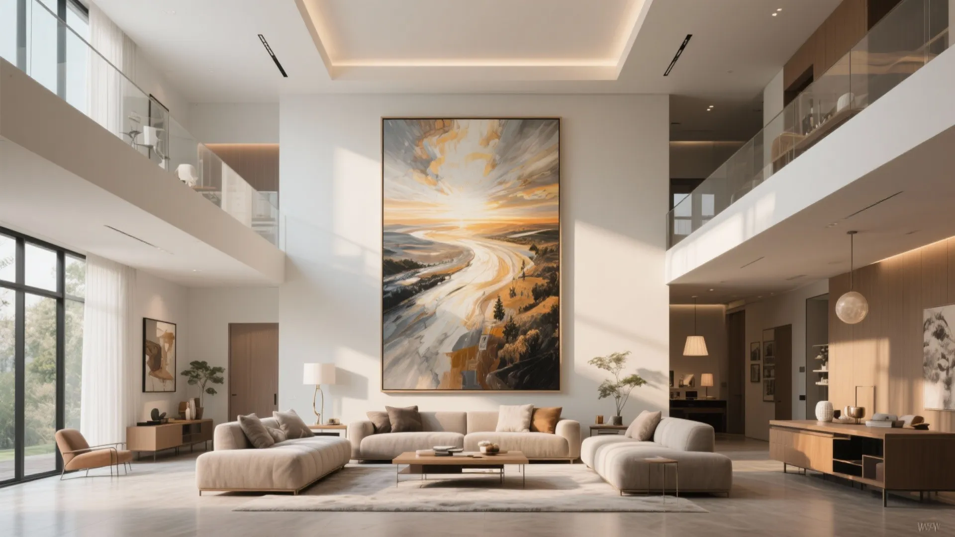 Modern high ceiling living room with large wall art above beige sofa and coffee table