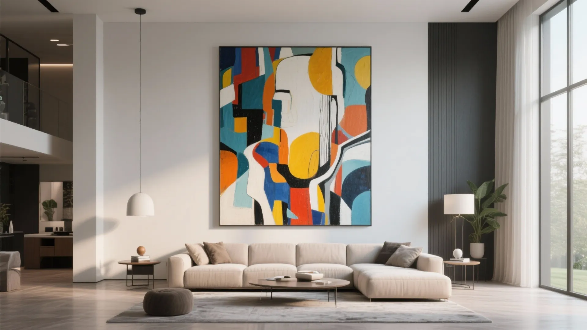 Modern living room featuring large colorful wall art above a beige sofa with white light