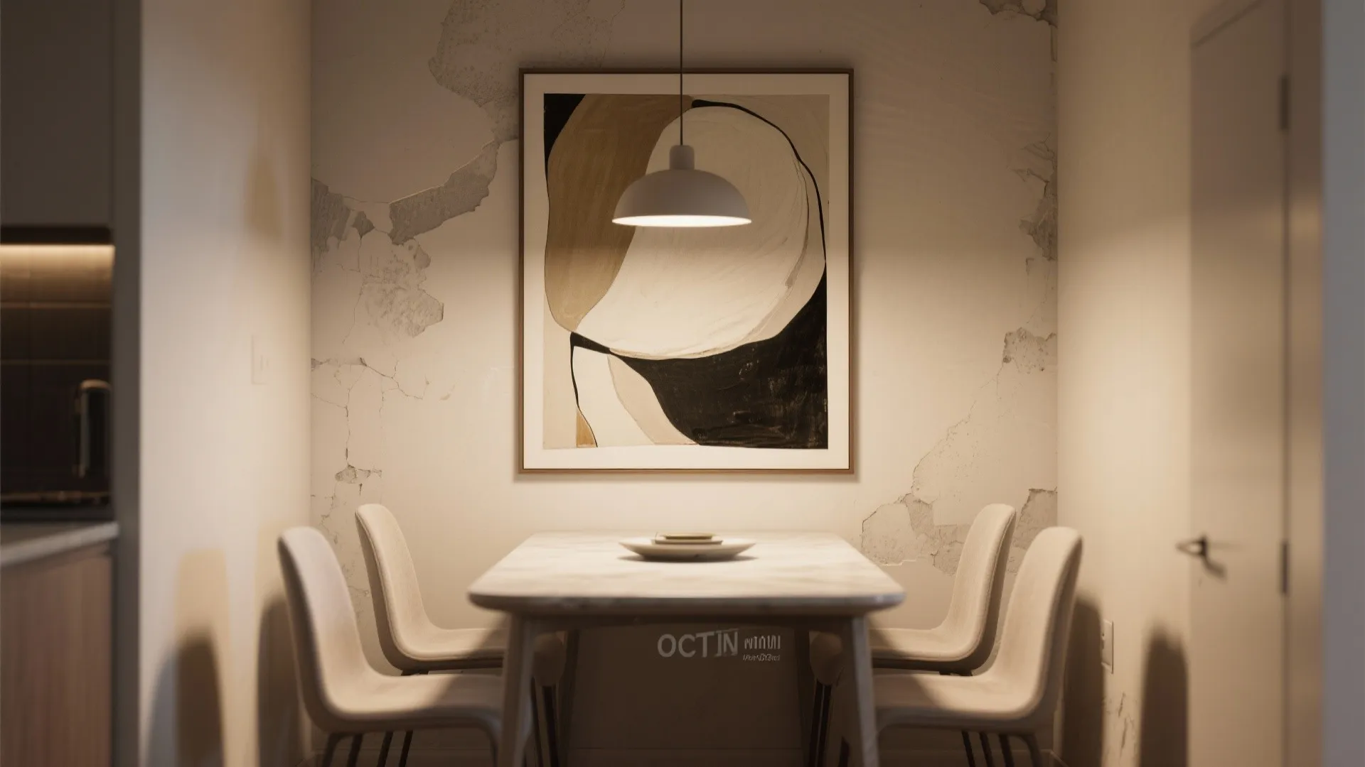 Modern dining area with white table chairs large wall art and a single ceiling light