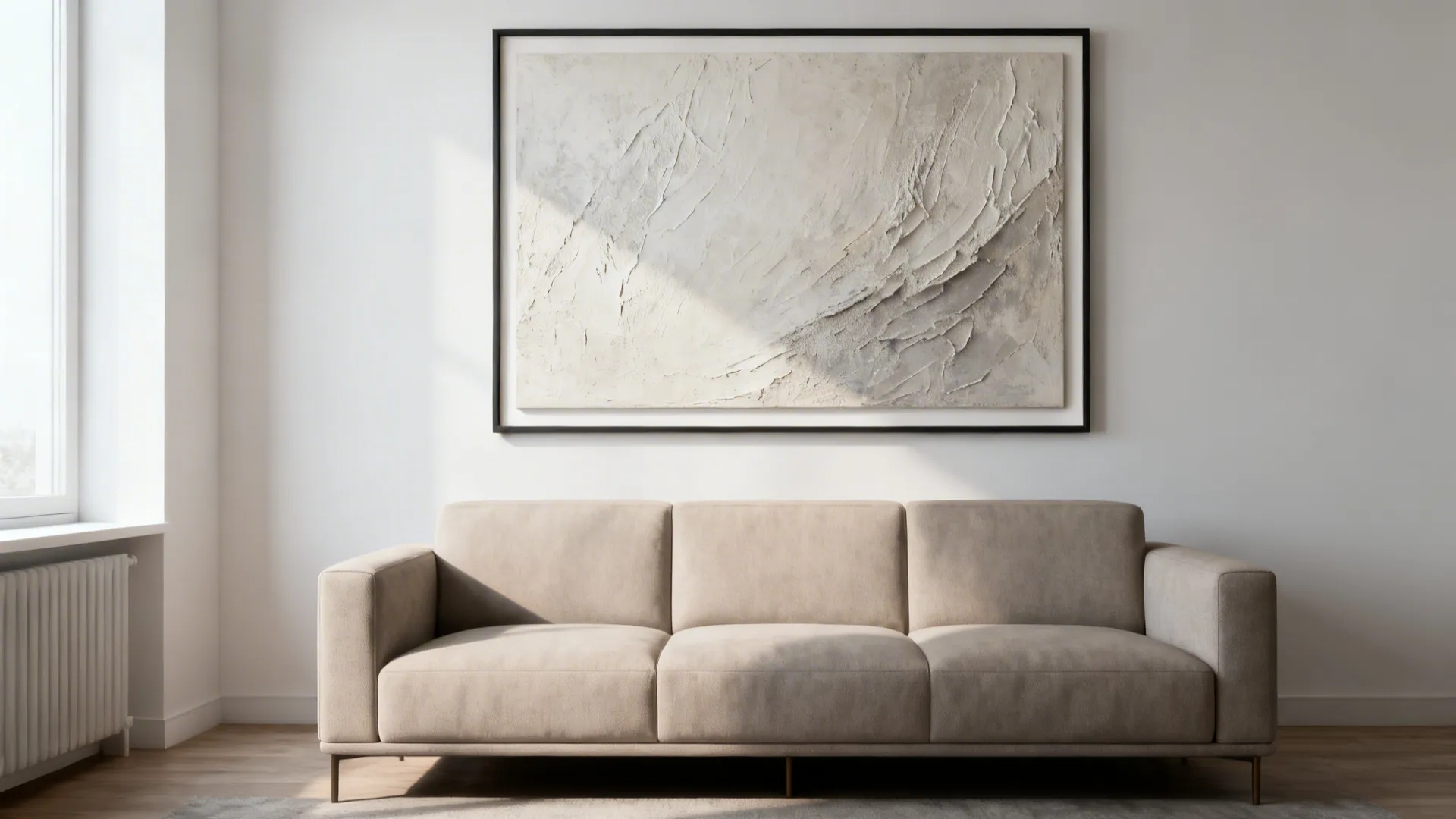 Small living room with a large abstract artwork above the sofa and slim framed profile