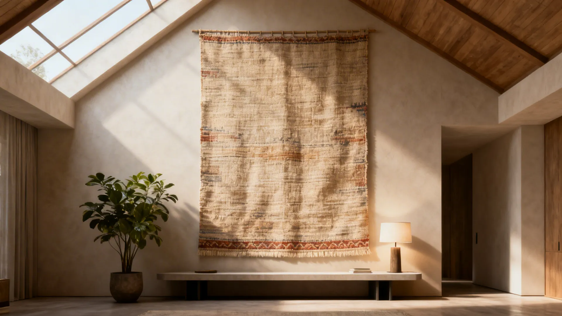 Living room with a large textile tapestry above a low console highlighting scale and texture.