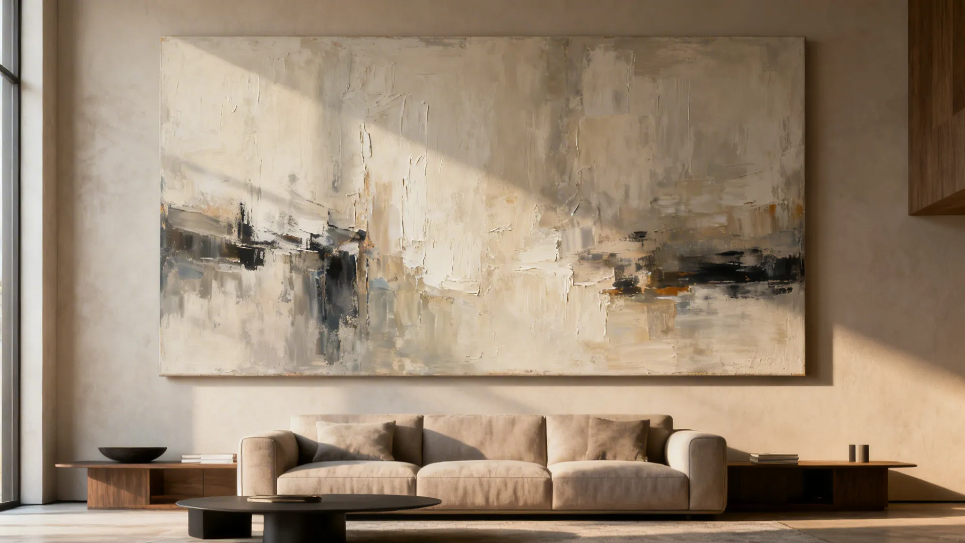 Focal wall with an oversized abstract canvas above a modern sofa.