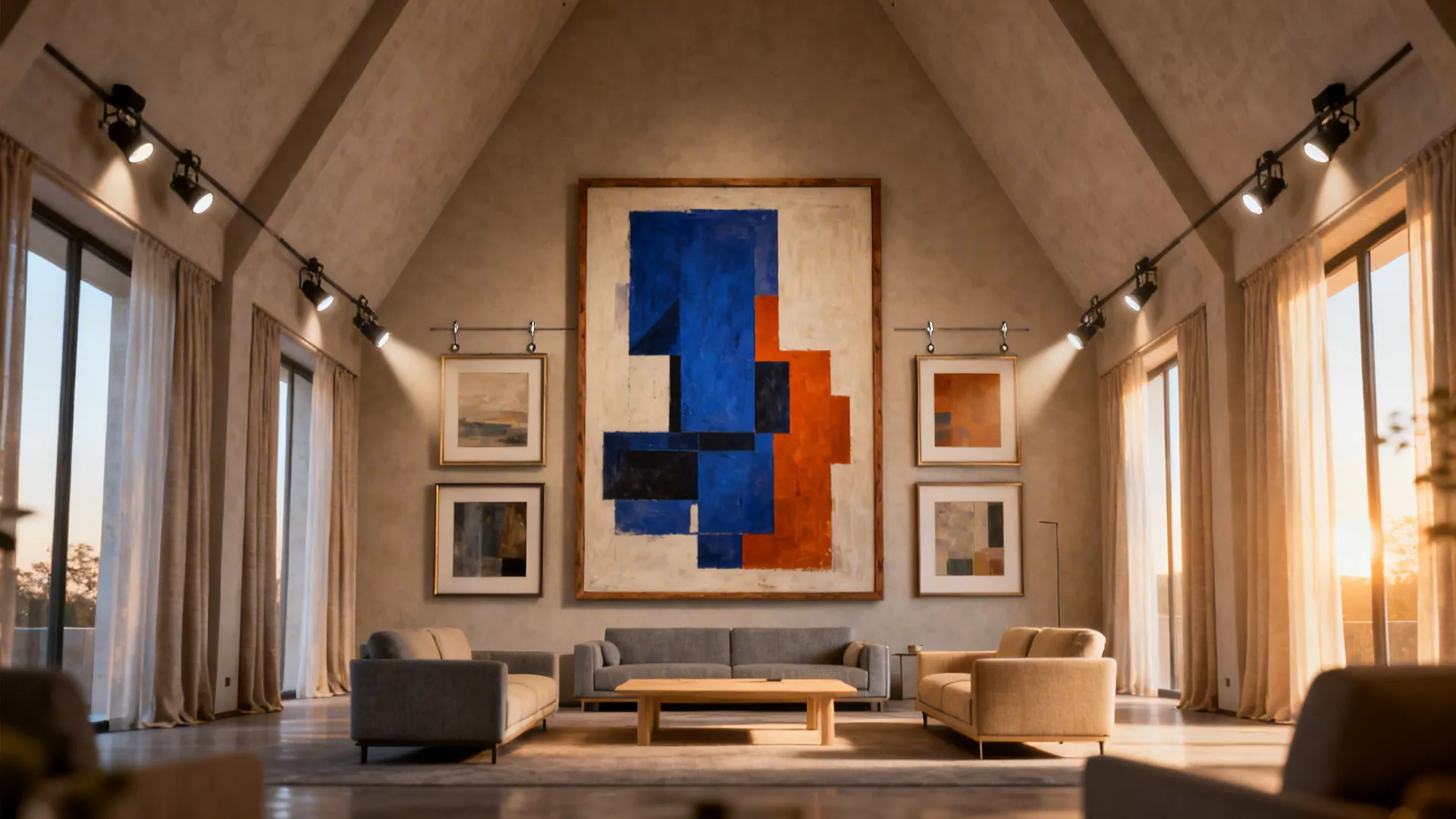 Vaulted wall anchored by an oversized abstract painting and a balanced gallery cluster with spot lighting.