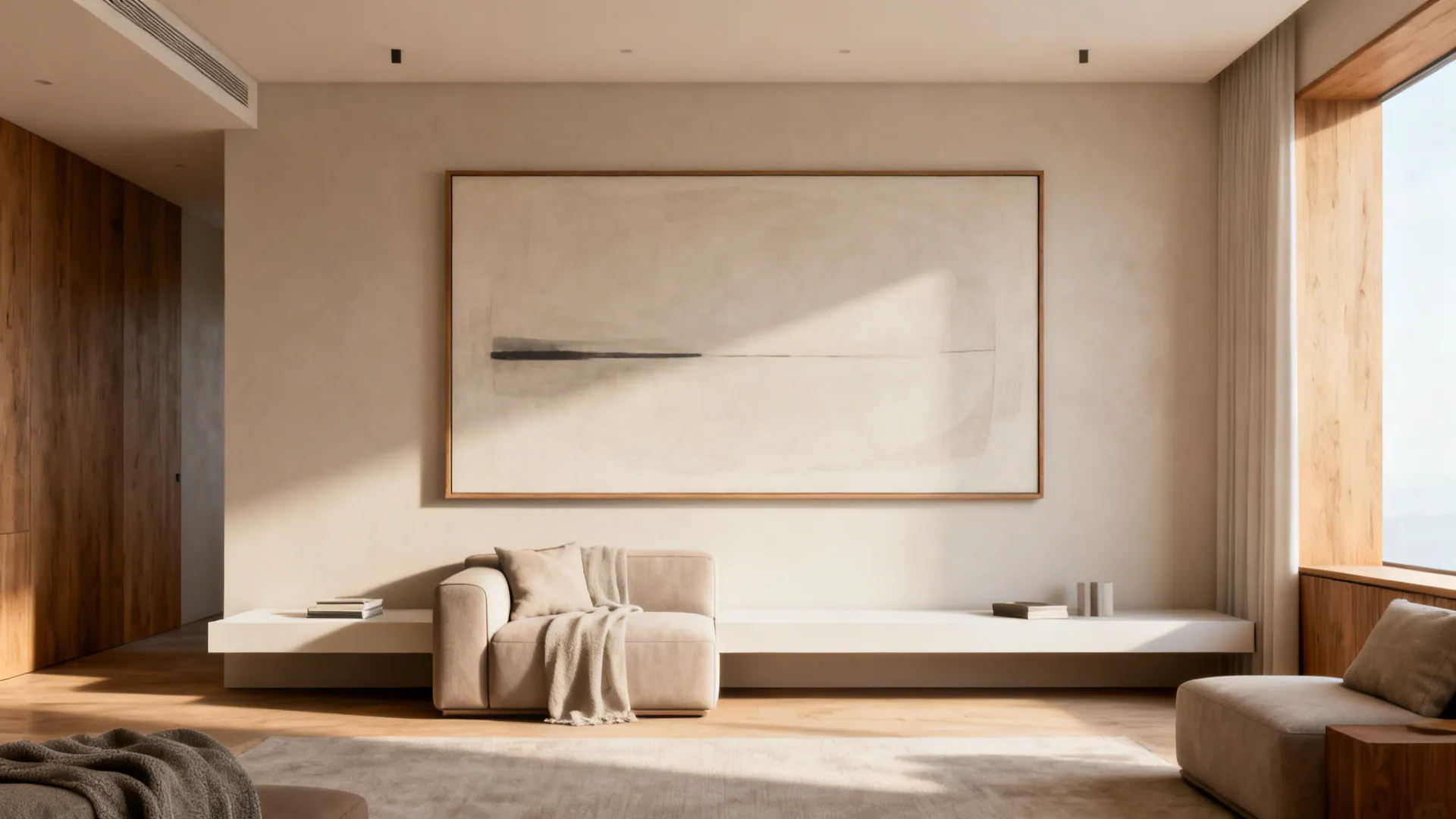 Small living room with a single oversized horizontal artwork above the sofa to create a simple focal point.