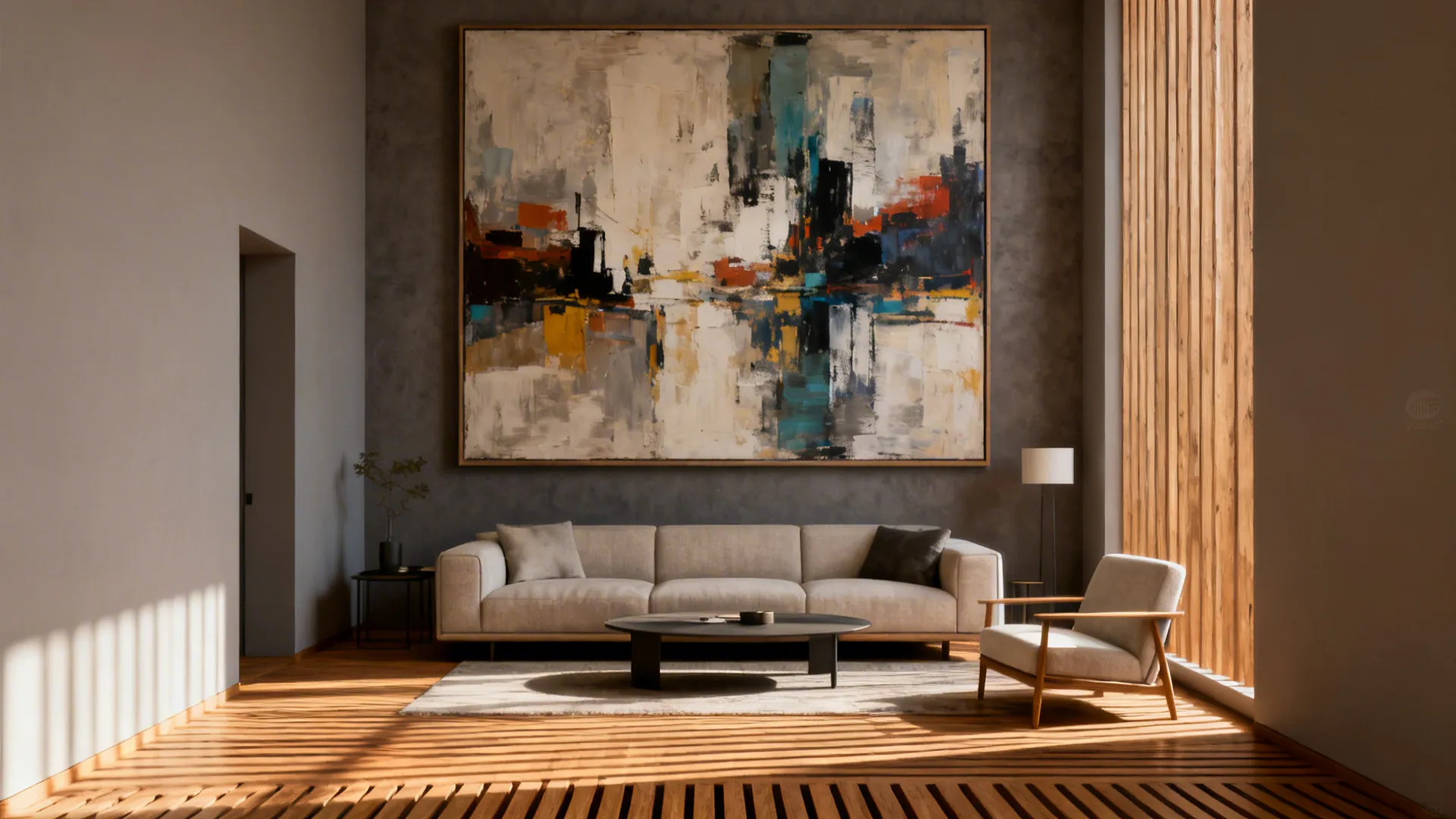 Small living room with a single oversized abstract painting anchoring the accent wall and minimalist furnishings.