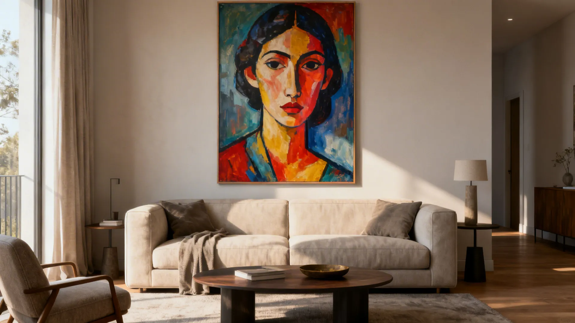 Small living room with a single oversized artwork above the sofa creating a boutique feel