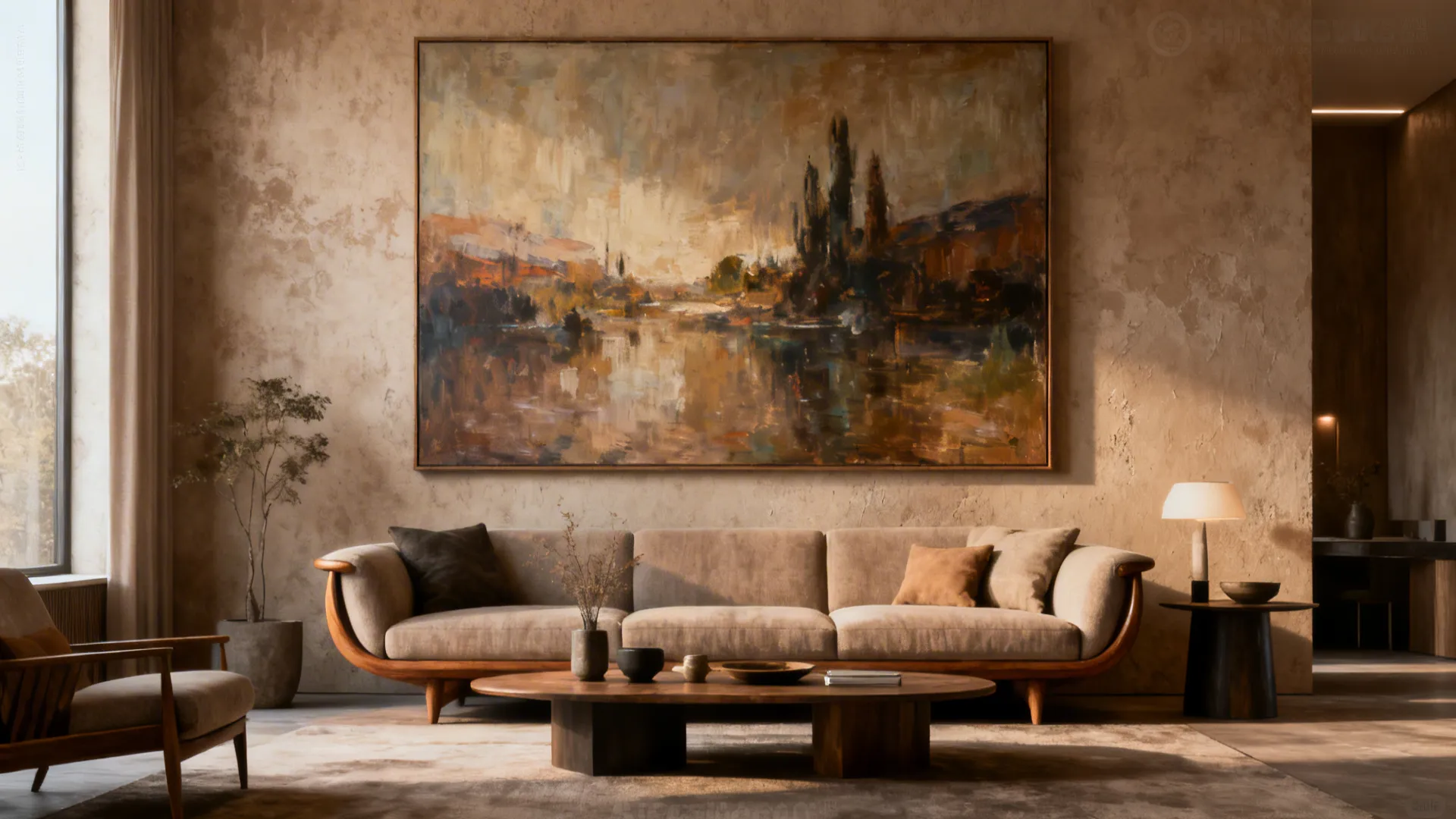 Living room with a 6ft oversized painting hung 6–12 inches above a mid-century sofa