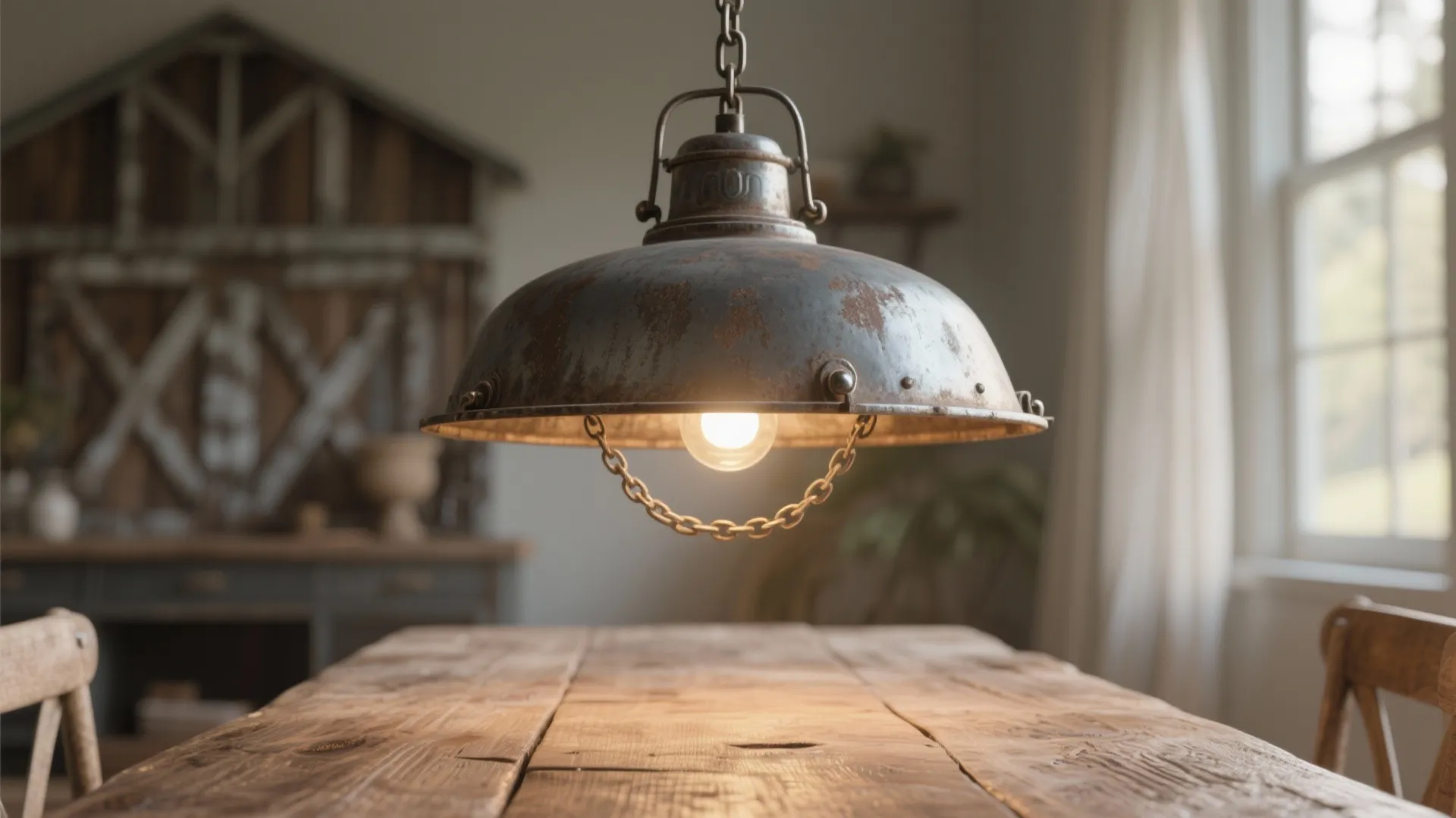 Industrial metal ceiling light hanging over a rustic wooden dining table in a bright room