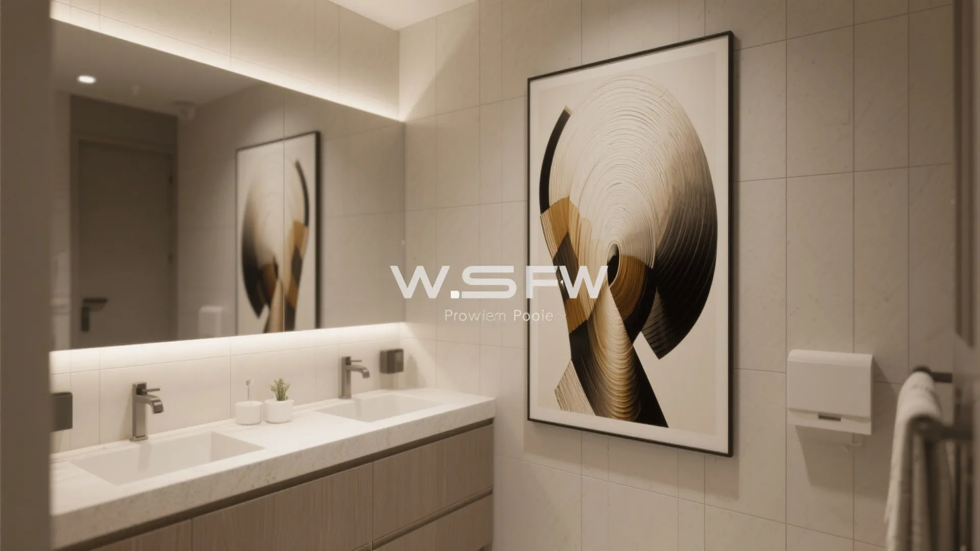 Warm lighted bathroom featuring double sinks with a large abstract art piece on the wall