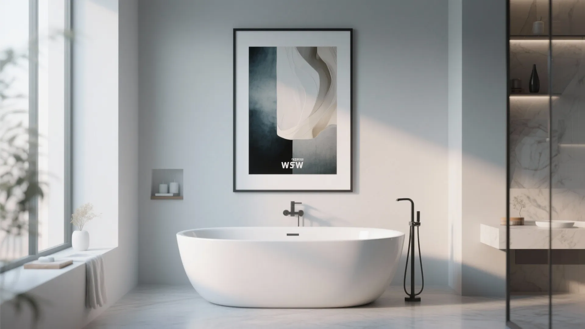 Modern white bathroom with large bathtub black wall light and abstract art on white wall