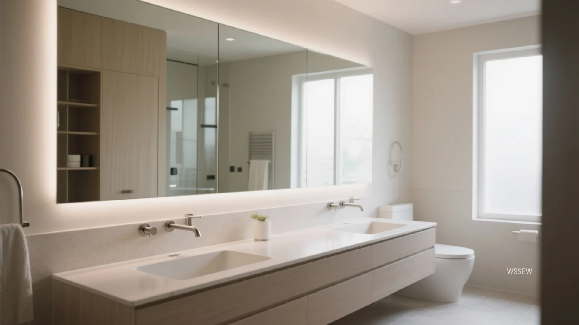 Minimalist bathroom interior featuring long light mirror wooden cabinet double sinks and bright white window