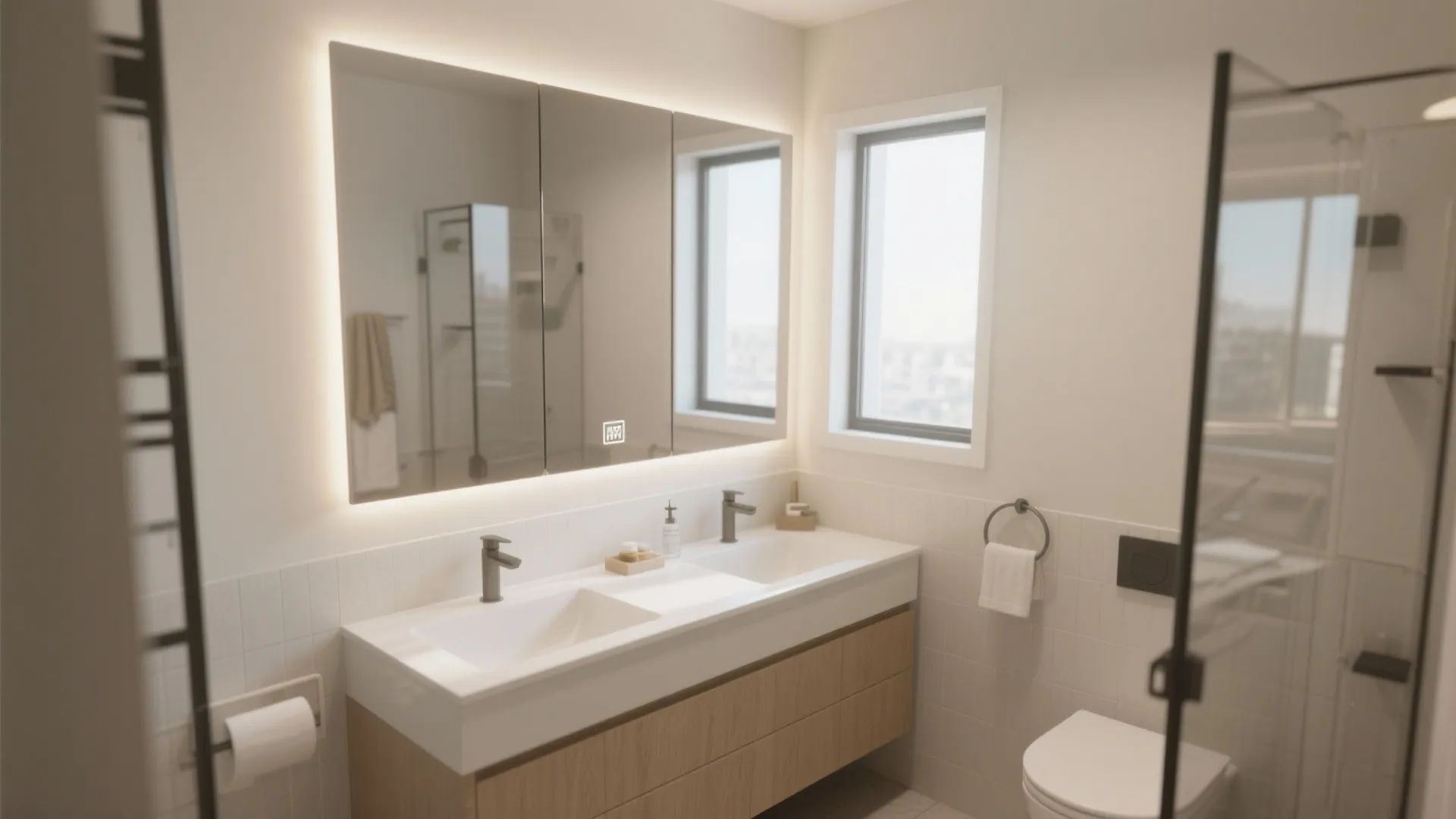 Small bathroom with a large mirror creating spacious look