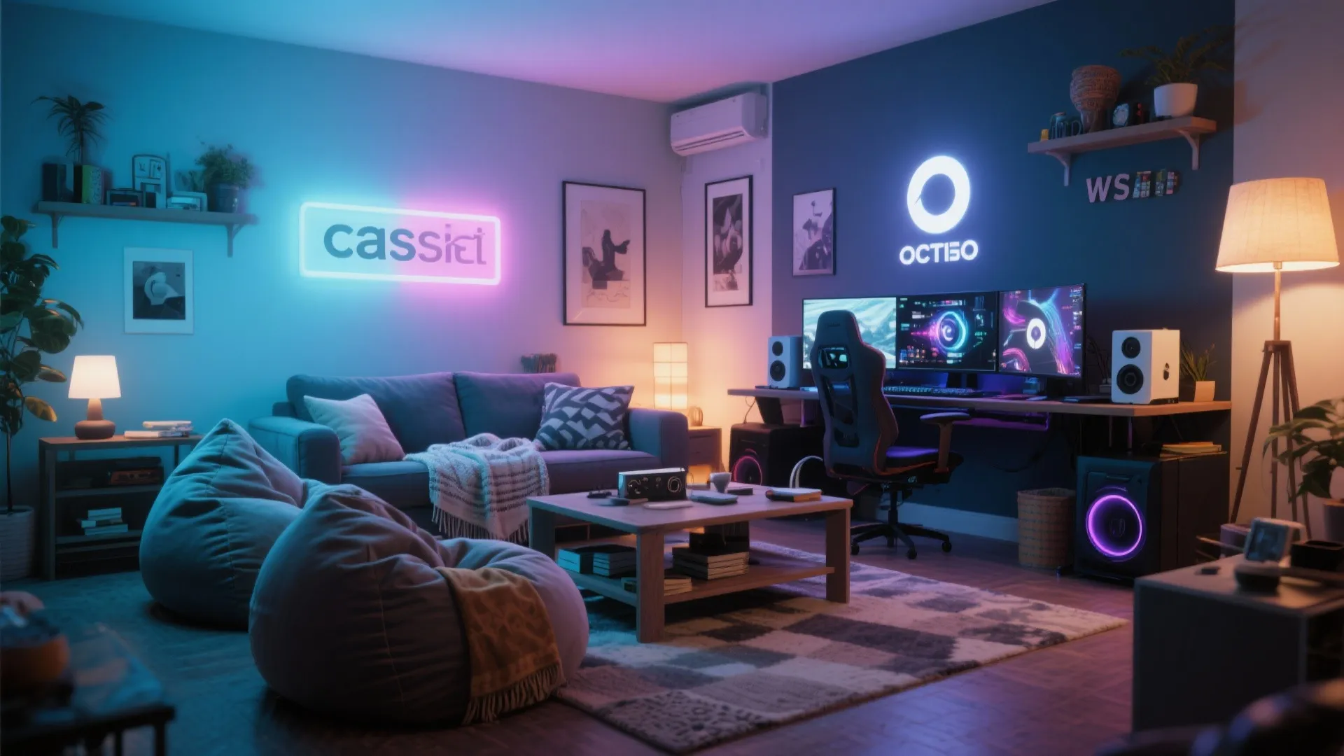 Modern gaming room with blue neon lights grey sofa two large bean bags and monitors