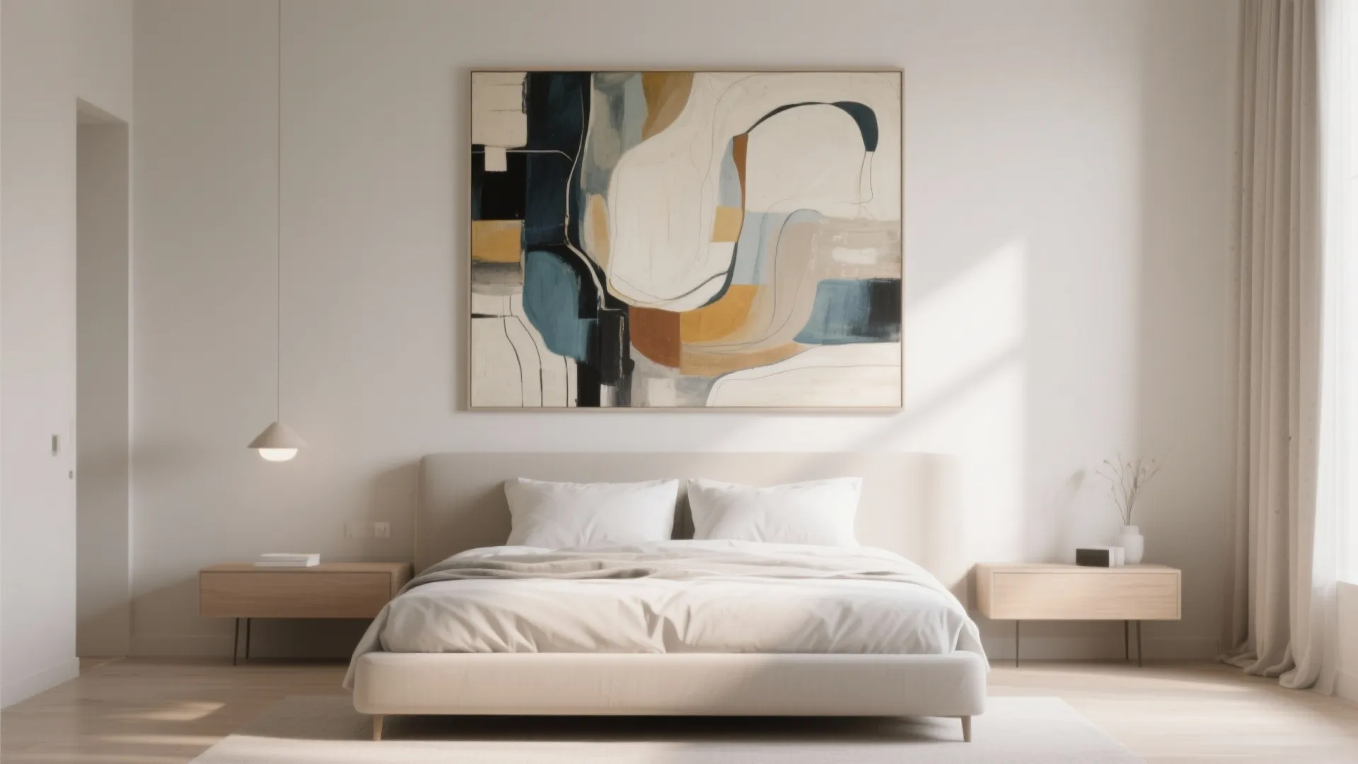Bedroom with large abstract painting above the bed in soft daylight