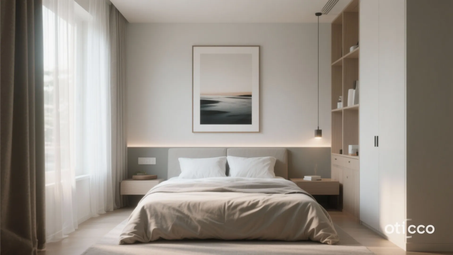 Modern minimalist bedroom with large framed wall art above bed and built in wooden shelving