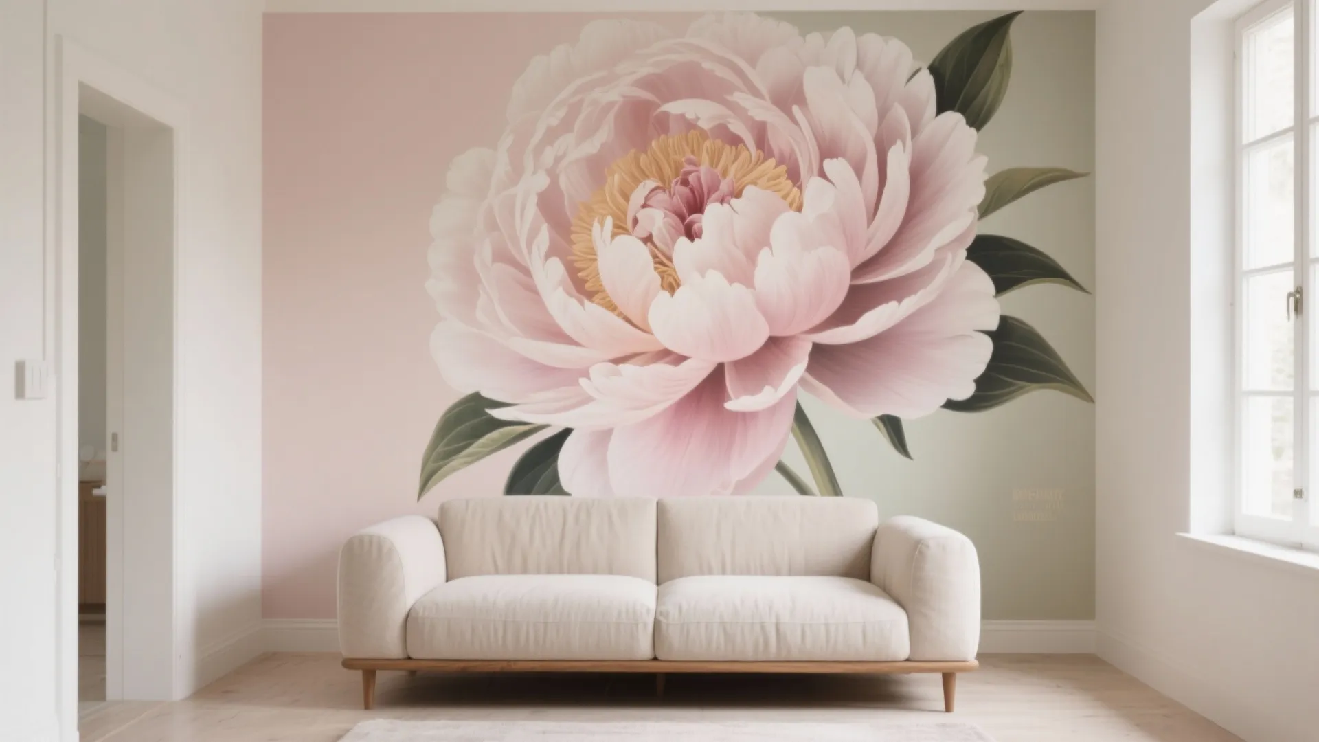 Minimalist living room featuring white sofa and a large pink flower mural on the wall