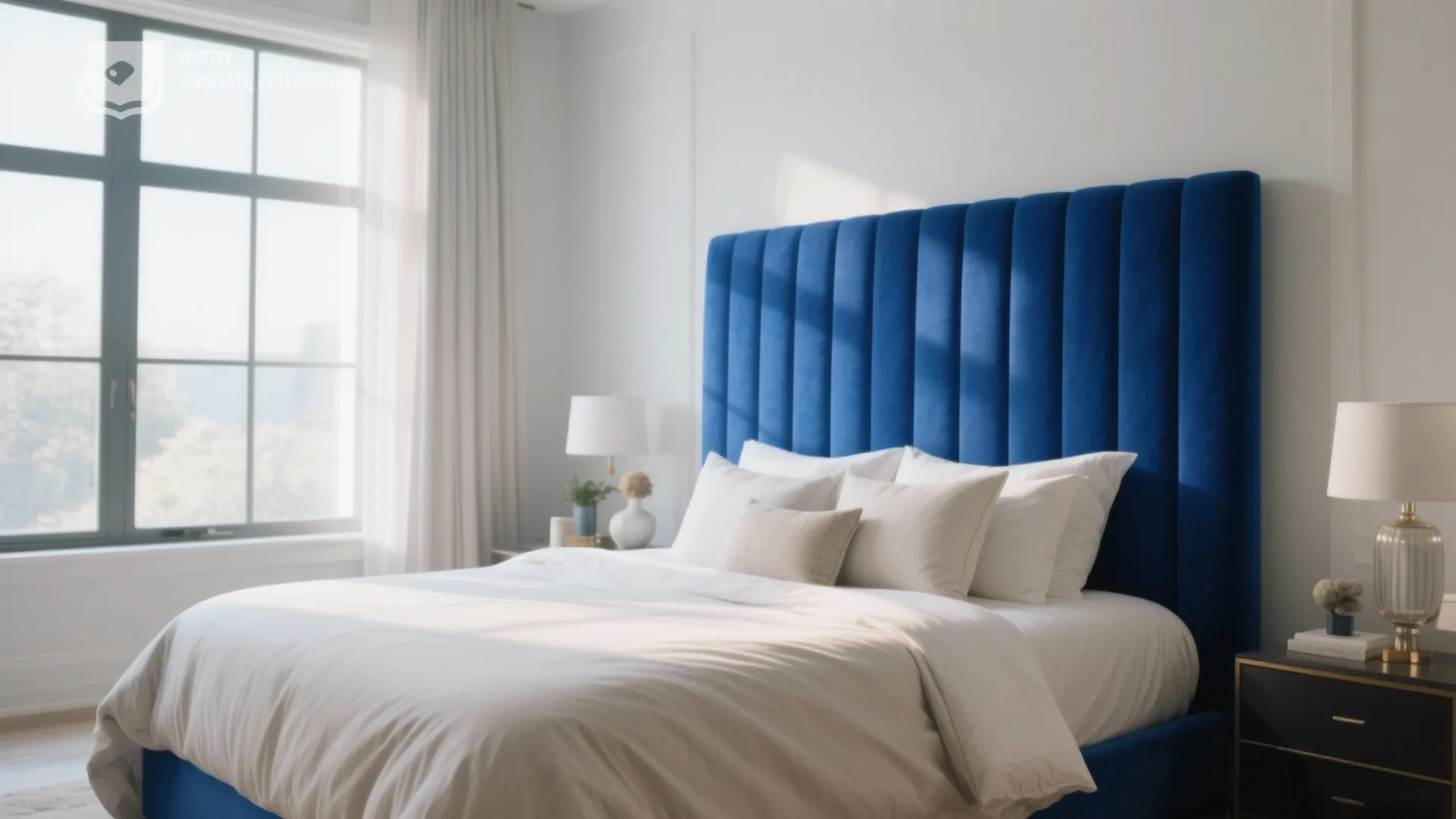 Oversized royal blue headboard spanning an entire wall