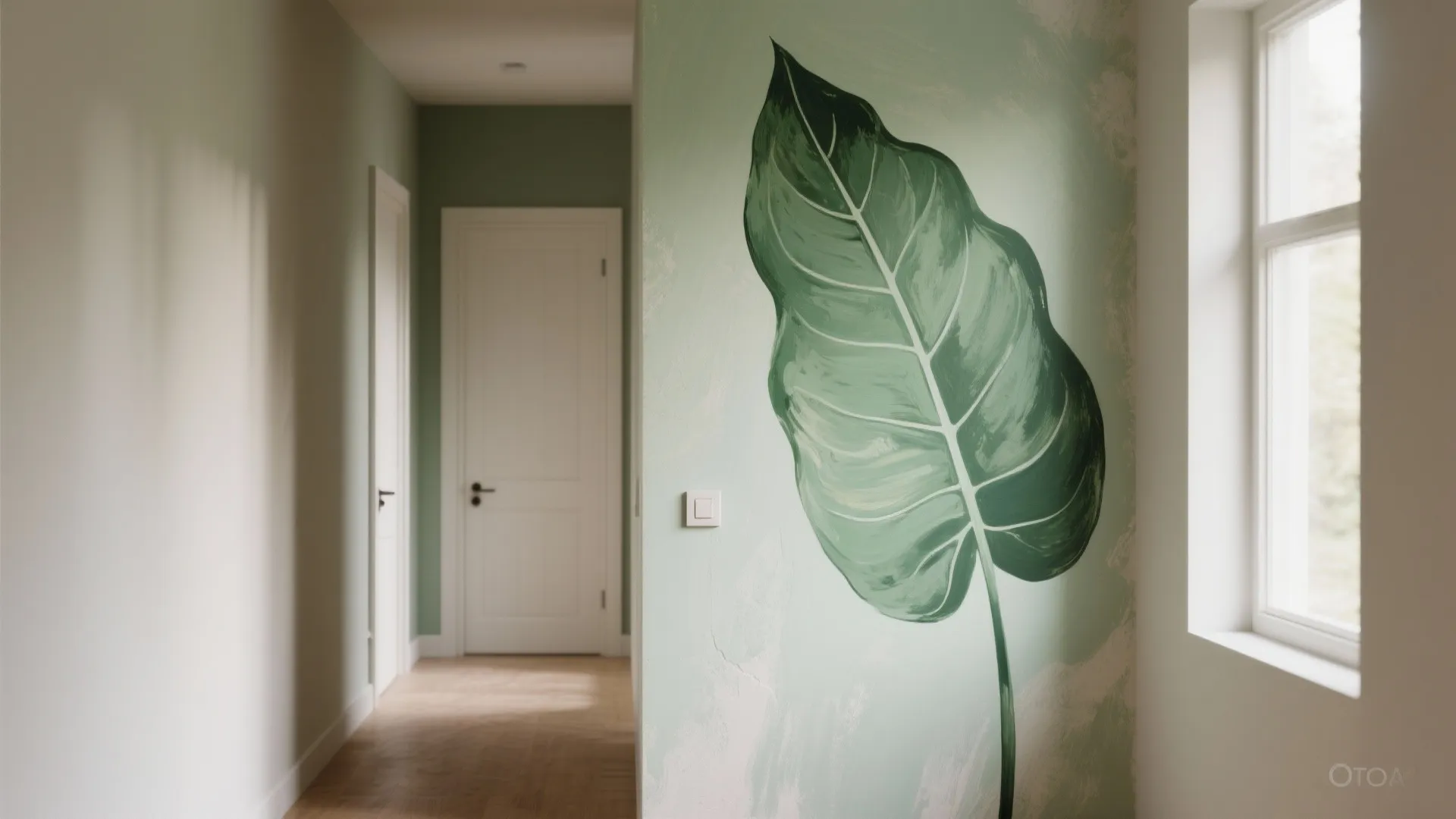 Modern hallway with a large green leaf mural on the wall and white wooden doors